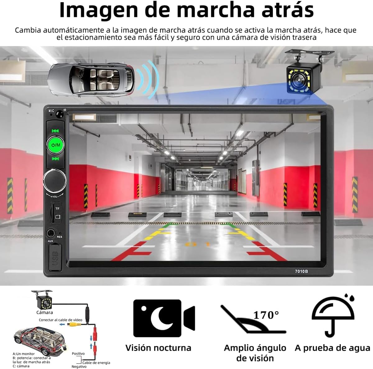 Bilstereoskærm, der viser en bagende view from a camera, with an illustration of a car parking with camera assistance.