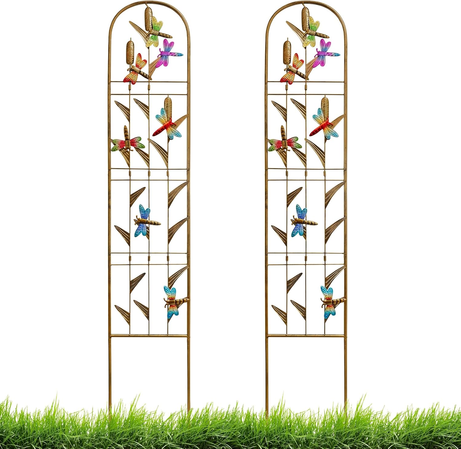 2 Pack Metal Garden Trellis with Colorful Dragonfly Outdoor Decoration Arched Fence Trellis for Climbing Plants for Patio, Backyard, Wall Brackets