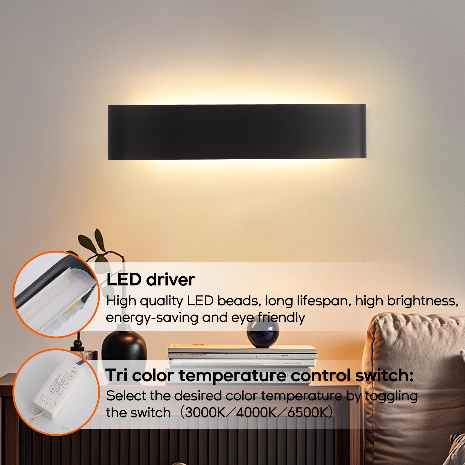 YCZM Applique da Parete Interno 24W,Lampada LED Parete Interni 3000K/4000K/6500K Temperature a tre colori opzionale,Applique LED da Parete Interno 38CM 2880LM,Lampada a Muro 2 Pezzi Nero