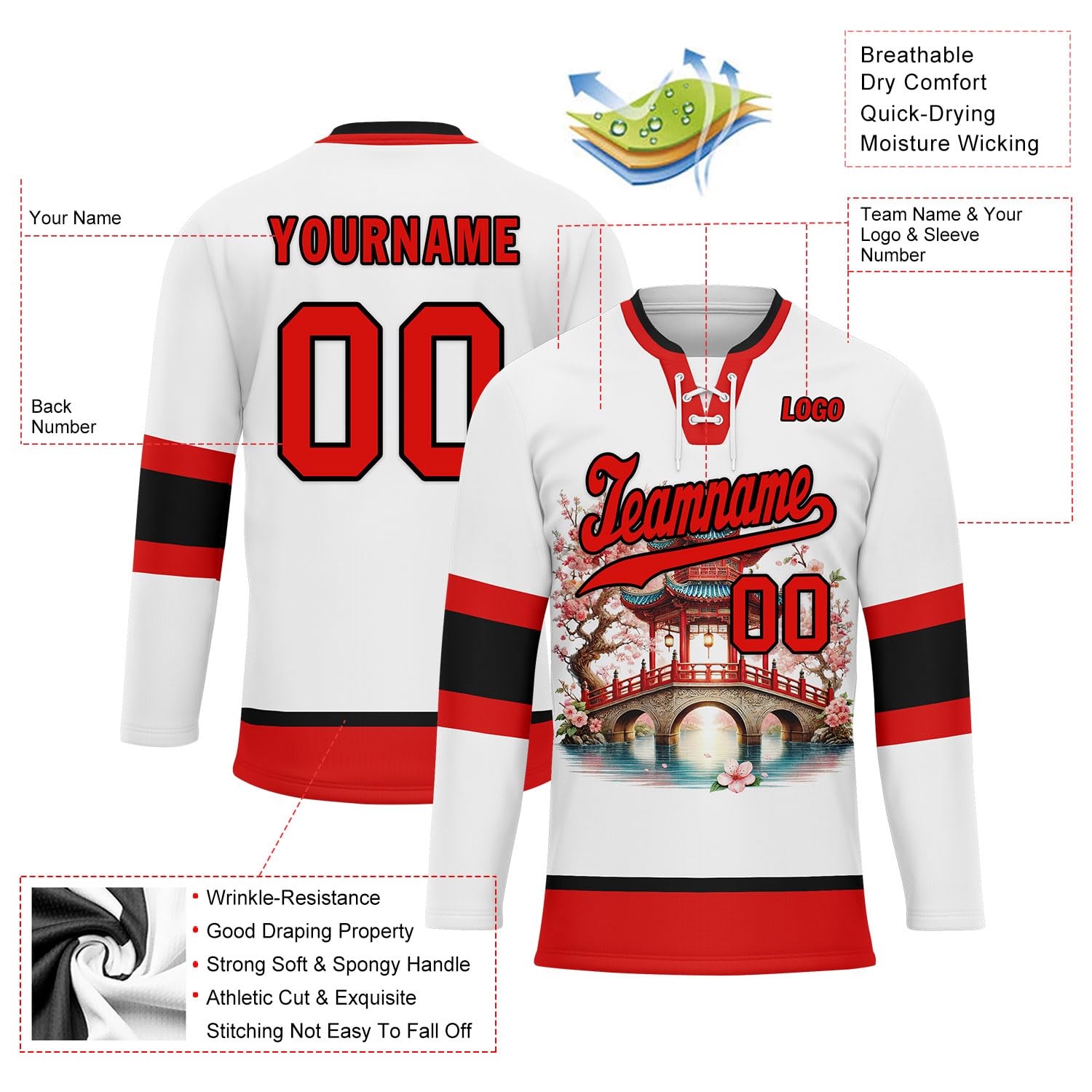Onegam Custom Hockey Jersey for Adult Youth, Cherry Blossom Personalized Ice & Field Hockey Team Sports Practice Jerseys