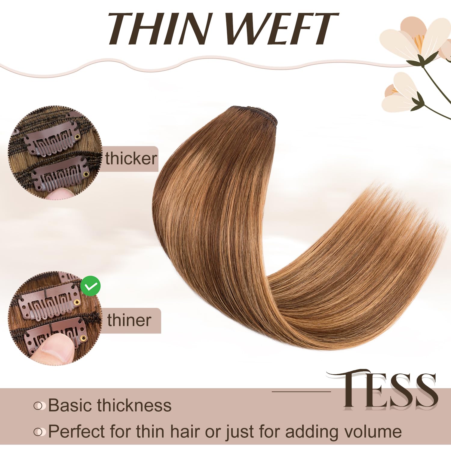 TESS Clip in Hair Extensions Real Human Hair Balayage Remy Seamless 8 Pieces Straight for Women/Girls (#4T4P27 Chocolate Brown to Caramel Blonde - Image 4