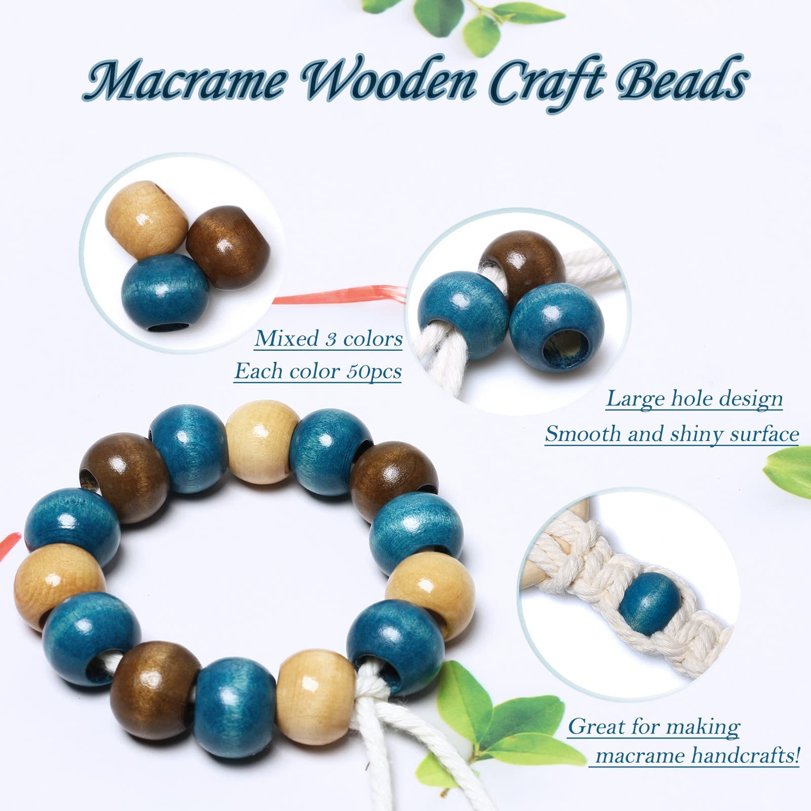 Makramee-Holzperlen Set – 60 Stück, 1,9 Cm, Blau & Braun, Mit Großem 9 Mm Loch Für Schmuck & Deko