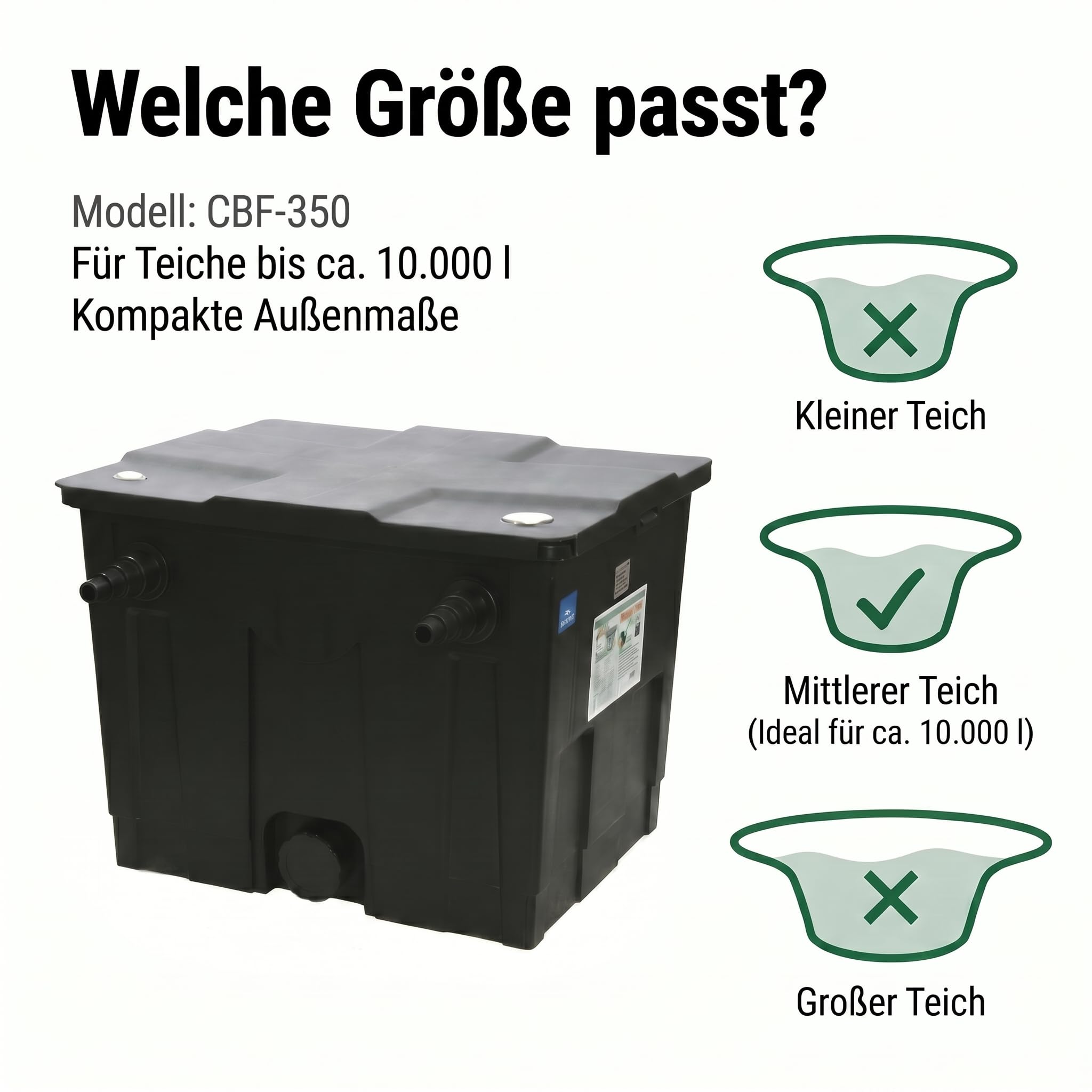 Pondlife Teichfilter CBF-350 Bio-Mehrkammer Durchlauffilter für Gartenteich bis 10.000 l, integriertes analoges Thermometer im Deckel, gestufte Schlauchtüllen, Schmutzablass zur einfachen Reinigung