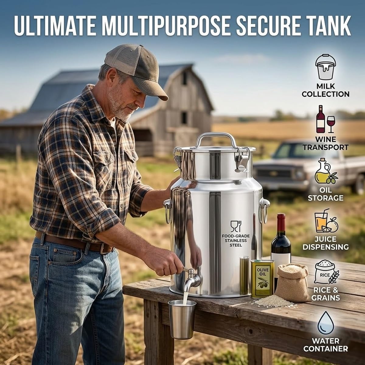 Heavy Du 304 inless Steel Milk Can & Beve Dozownik - 64 l / 40 l z hermetyczną pokrywką i czopem, przenośny płyn do wina, oleju, soków i nie tylko
