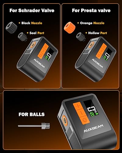 Miniatura 5 de Auxbeam Bomba de bicicleta pequeña con manómetro, bomba eléctrica de neumático de bicicleta de 120 PSI con válvula Presta y Schrader, bomba de aire