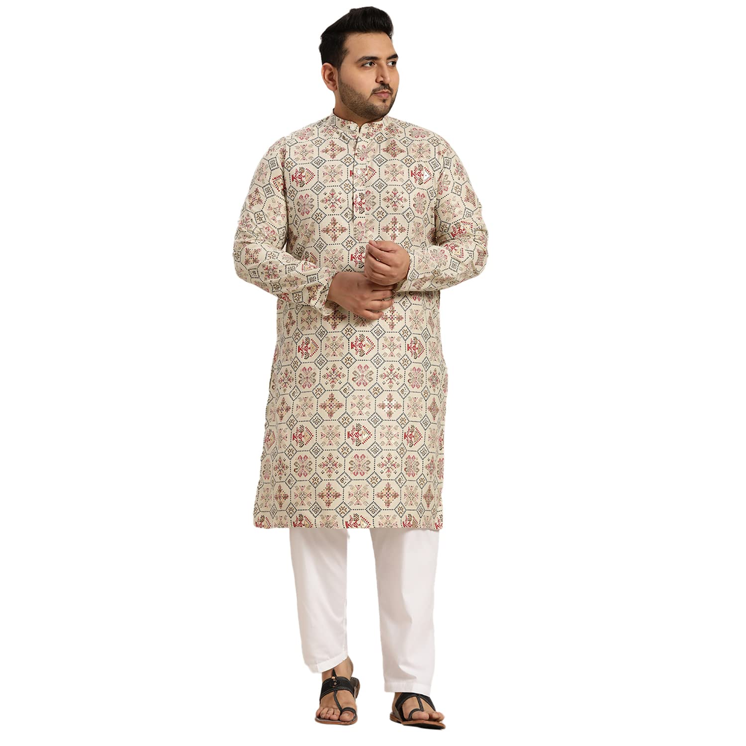 Sojanya Plus (Since 1958) Men's Cotton Linen Cream And Multi Printed Kurta And White Pyjama Set