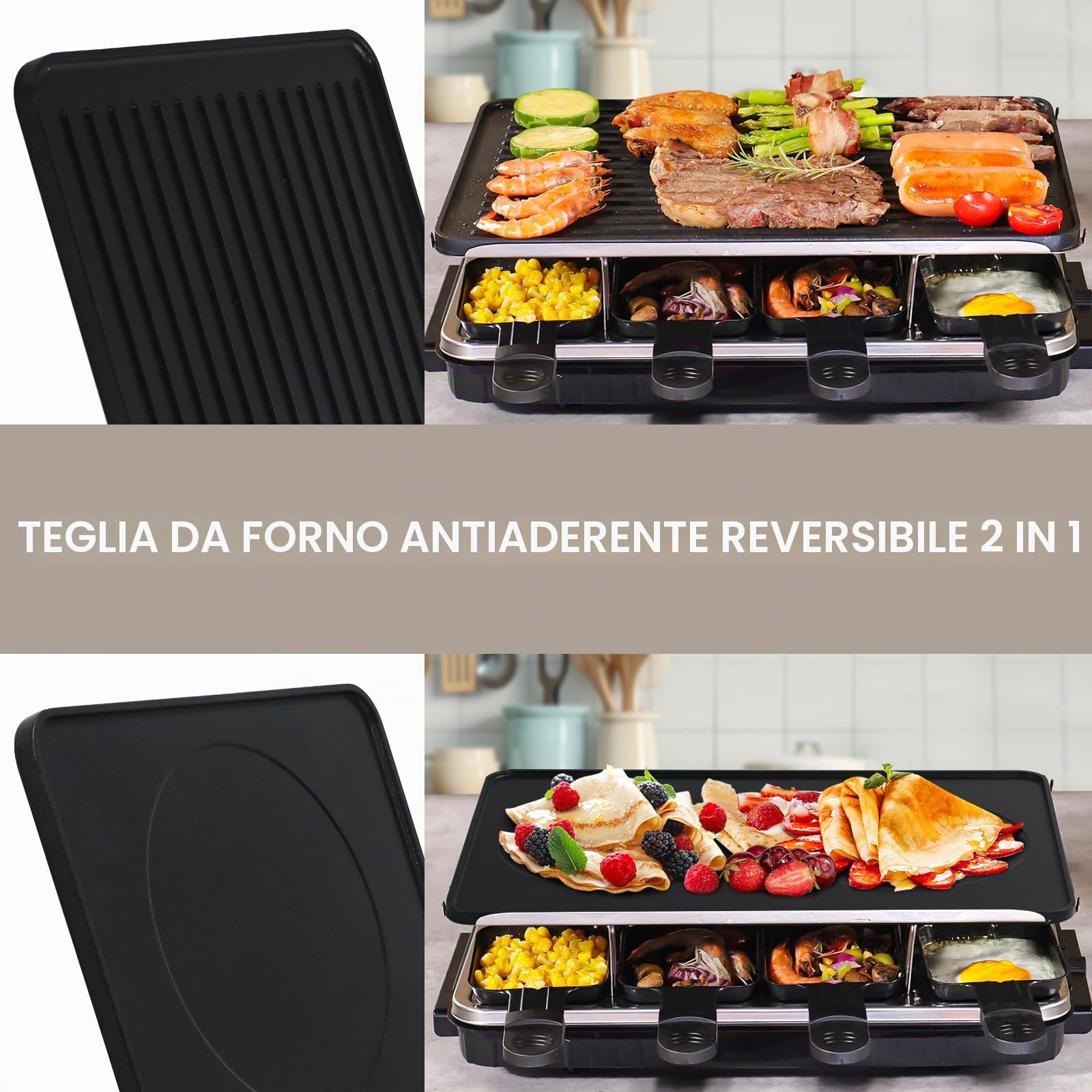 Raclette 8 Persone- 2 in 1 Raclette Grill con 8 Mini Raclette Padelle 8 Spatole in Legno Crepes Griglia Elettrica Barbecue Raclette Formaggio Party Grill 2 6 8 Persone - 1300 W