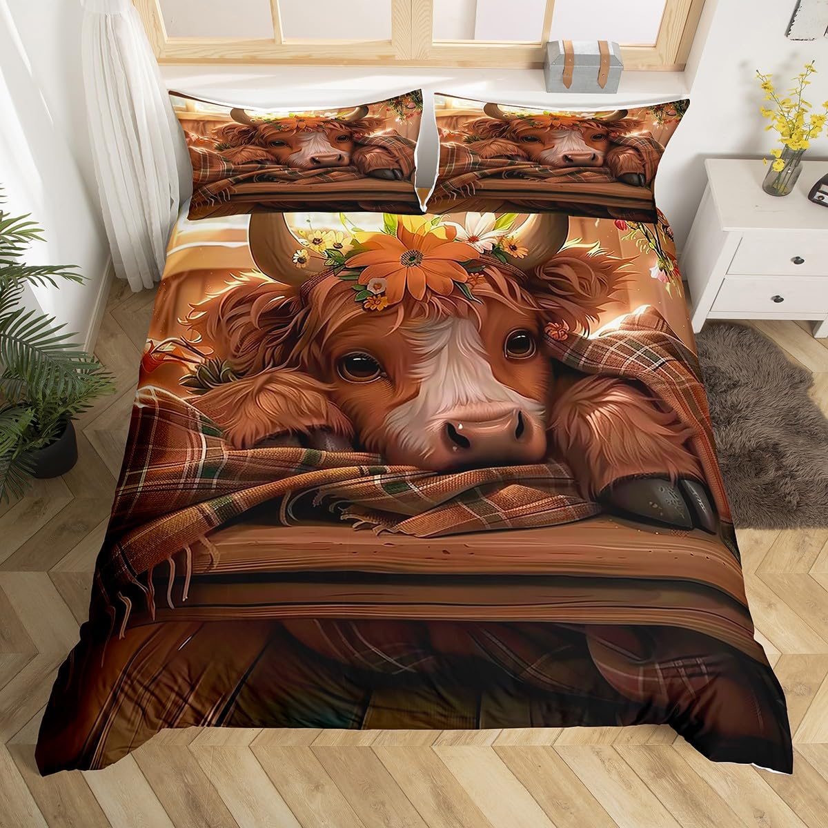 Homemissing Cartoon Highland Cow Bedding Set Super King Size Cute Highland Cattle Bedding Duvet Cover Set For Boys Teens Decor Farmhouse Comforter Cover Set Animal Bedspread Bedroom Quilt Cover 3Pcs — image 1
