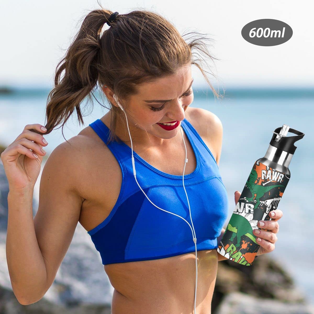 Edelstahl Wasserflasche mit Strohhalm, Cool Dinosaurier Isolierte Trinkflasche Sport Wasserflasche für Kinder Erwachsene, auslaufsicher, 1L