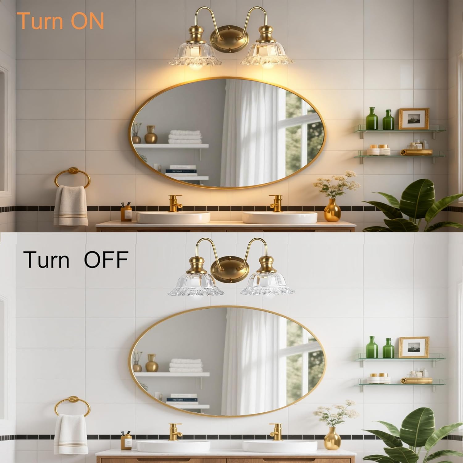 2-Lights Bathroom Vanity Light Gold Vintage Light Fixtures Matte Antique Flower Floral Brass Crystal Glass Shade Wall Sconces Lighting for Living Room, Bedroom, Hallway（E26 Base）