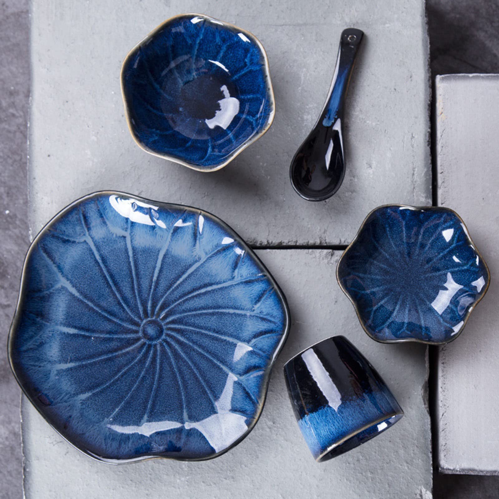 Service de Vaisselle rétro Japonais, Ensemble de Couverts en céramique, Assiette créative, Bol de Riz, Petit Plat, cuillère à Soupe, Vaisselle pour 1 Personne