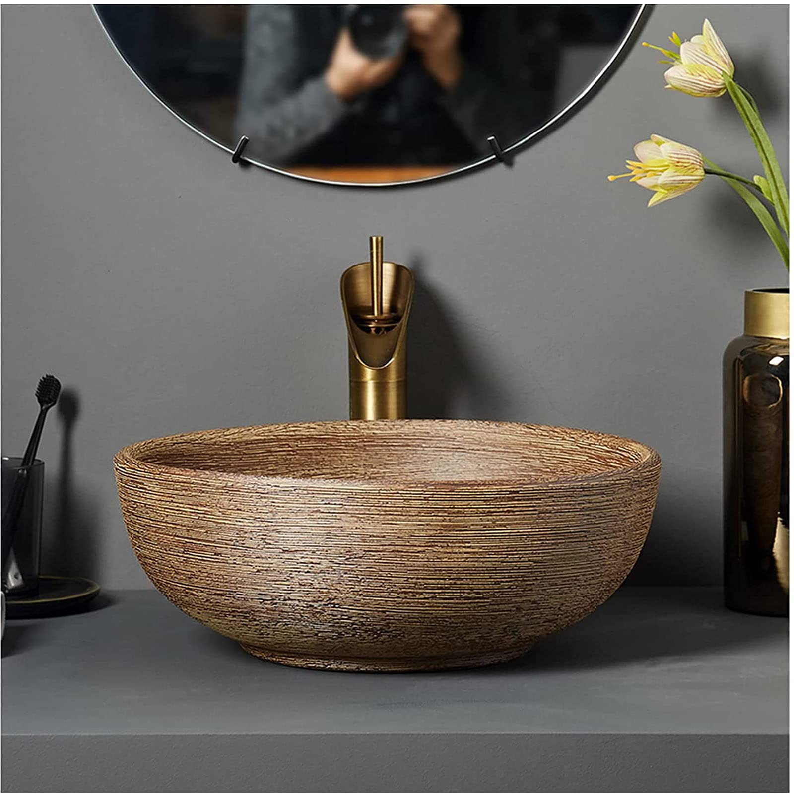 Umywalka ceramiczna nablatowa, umywalki nablatowe, okrągła miska umywalkowa z odpływem, umywalka Art Basin do szafki łazienkowej