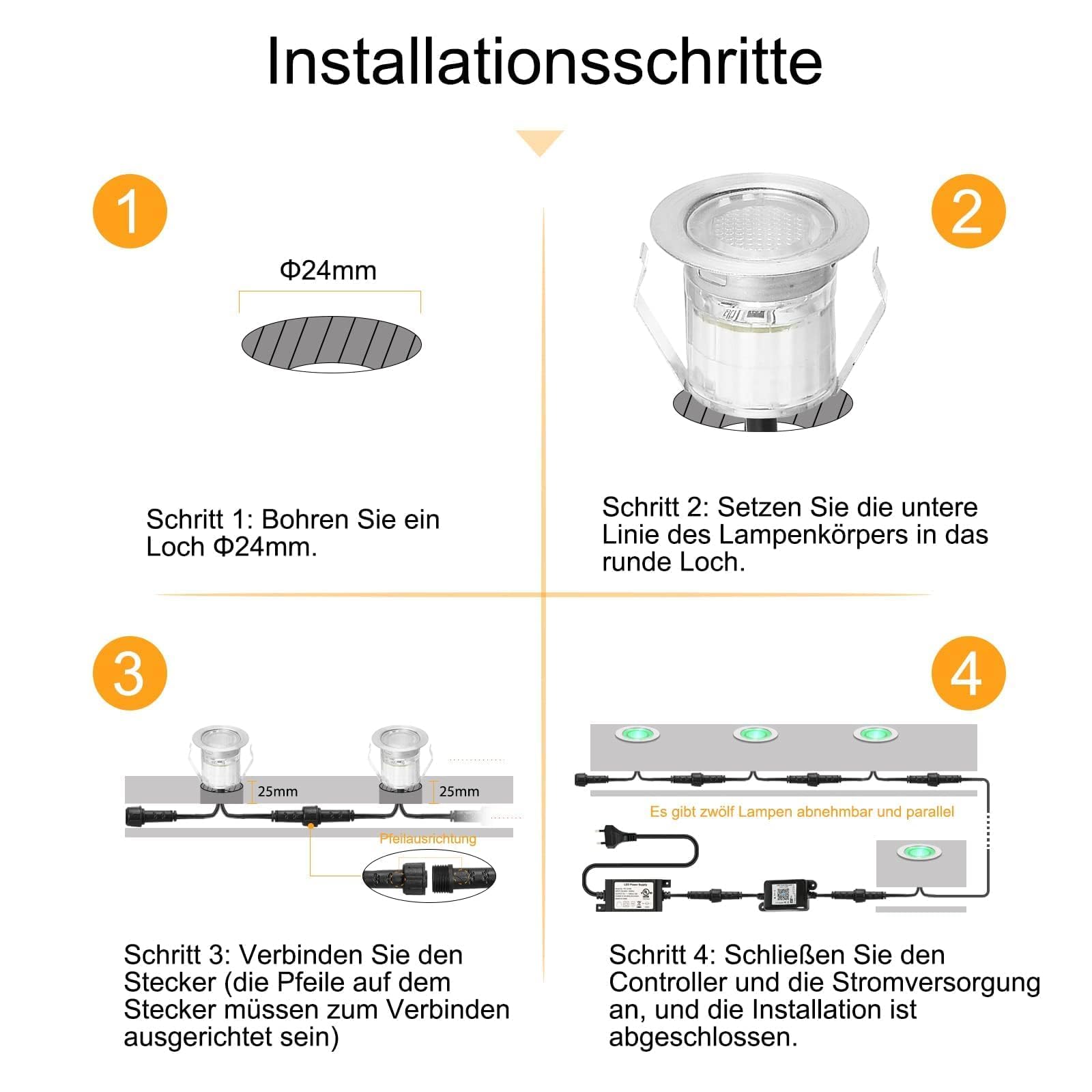 WLAN RGB Bodenstrahler Außen 20er Set | IP67 Wasserdicht, DC12V, Ø30mm, App/Alexa-Steuerung, befahrbar, 50.000h Lebensdauer und dimmbar