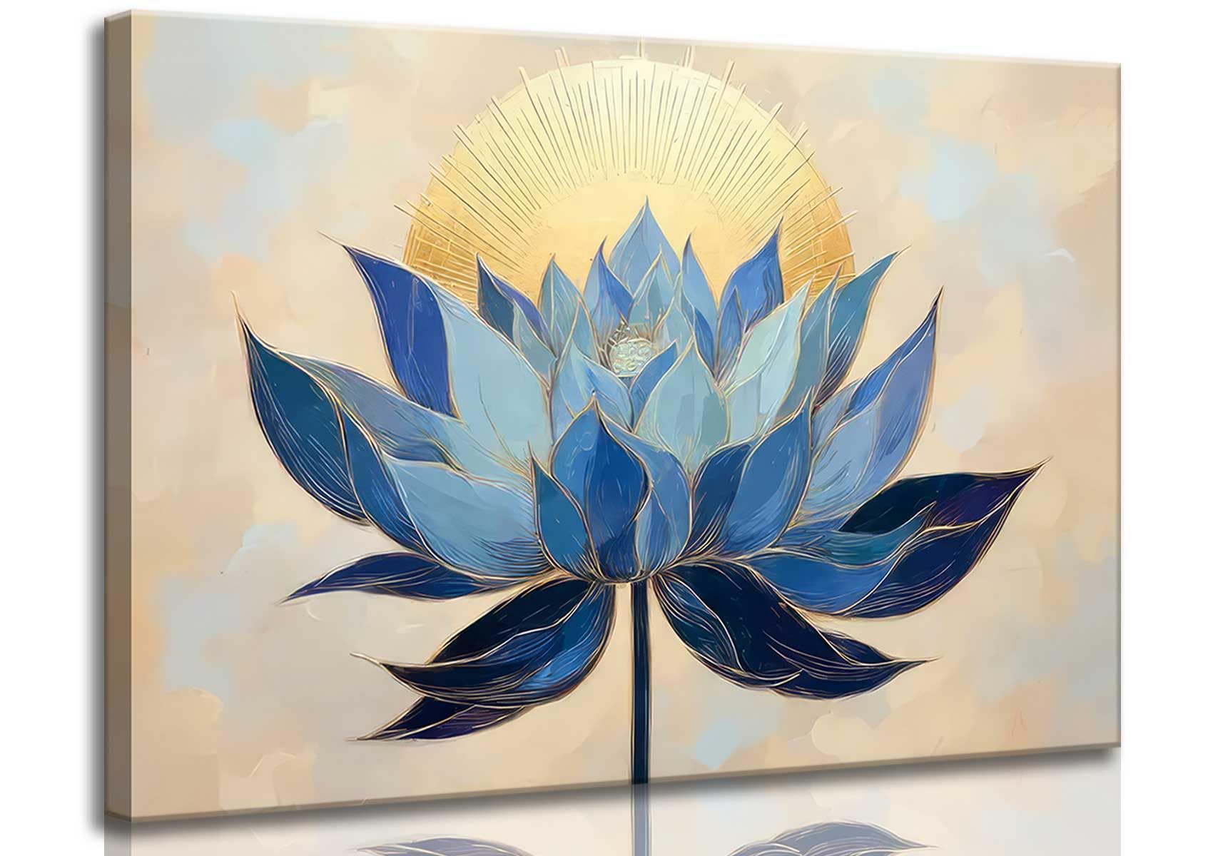 Zen Canvas Wall Art Abstract Blue Lotus Flower Boho Sunrise Gold Sun Spiritual Painting Pictures Wall Decor Poster Print Artwork for Office Yoga Room Spa Room Meditation Room Home Decoration