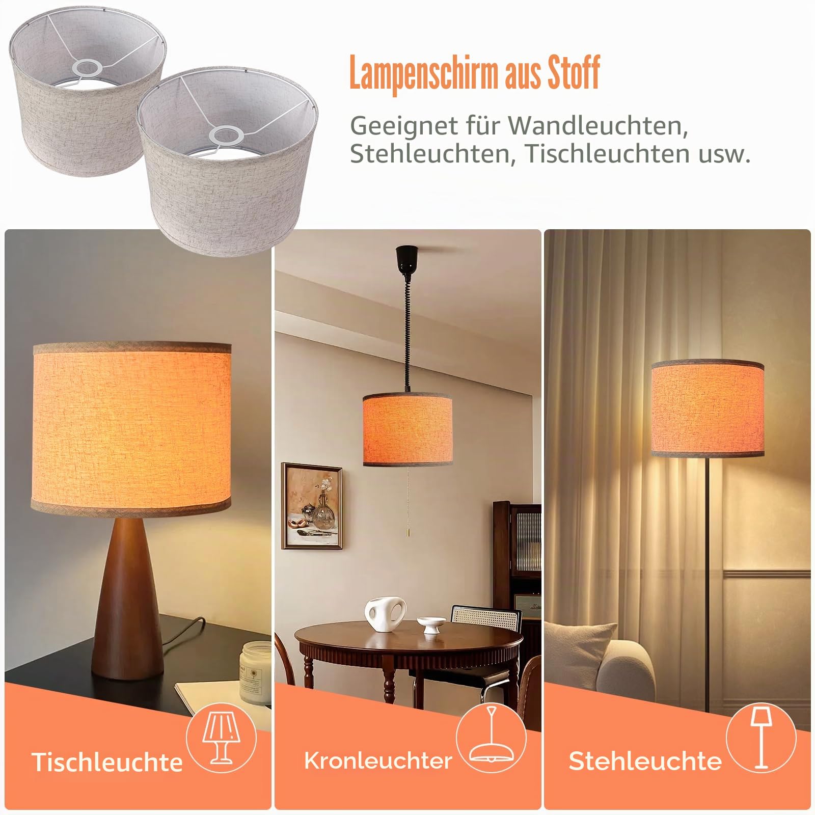 Stoff Lampenschirm, Ø 28cm, Mittlerer Trommel Lampenschirm für Tischlampe Stehlampen, Naturleinen Leicht zu montierende, E27 Fassung, 11" x 8.85" (Weiß)