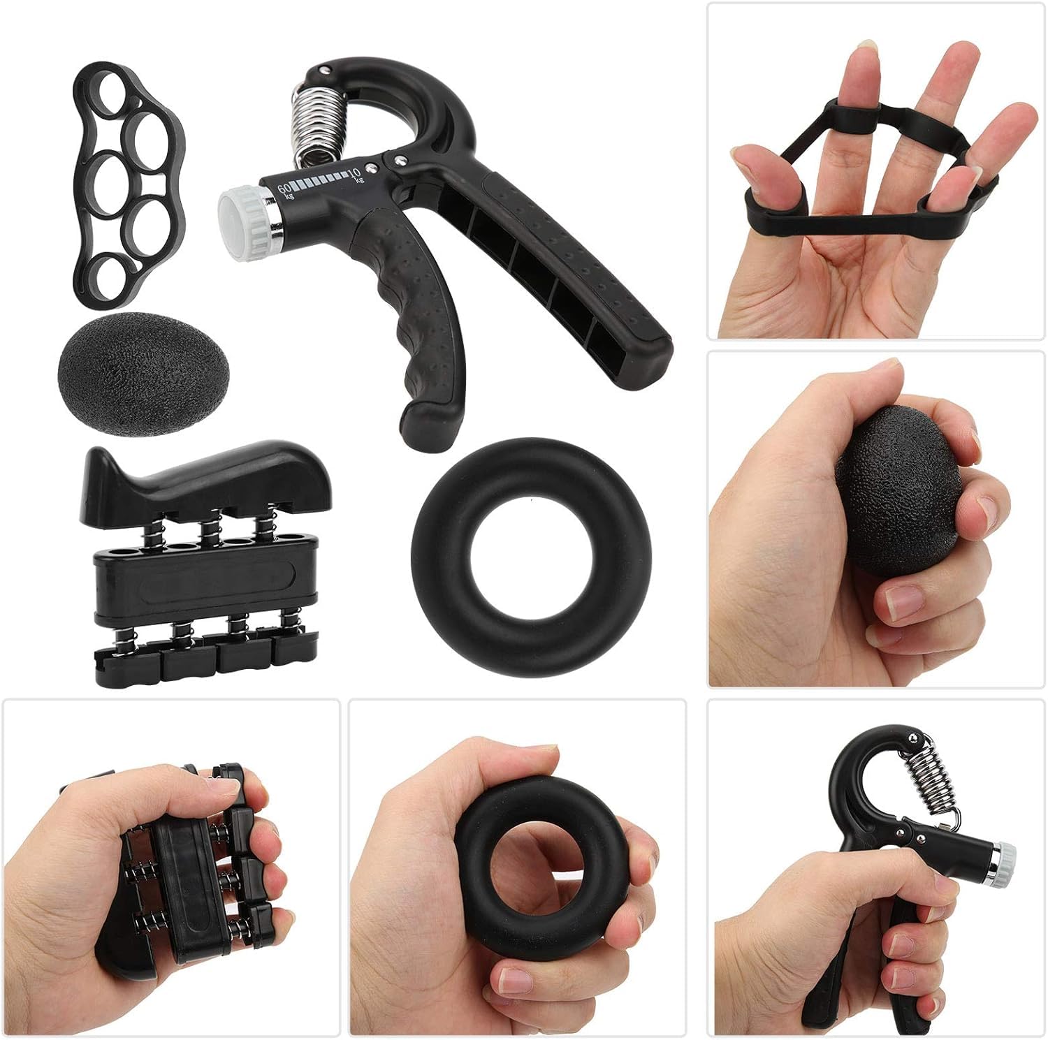 KANISYA Hand Grip Strengthener, 5PC Set Resistance Bands 5 to 60 kg, Finger Stretcher, Adjustable Hand Gripper, Exercise Ring, Grip Ball for Athlete, Strength Training Equipment Finger Hand Exercising 2