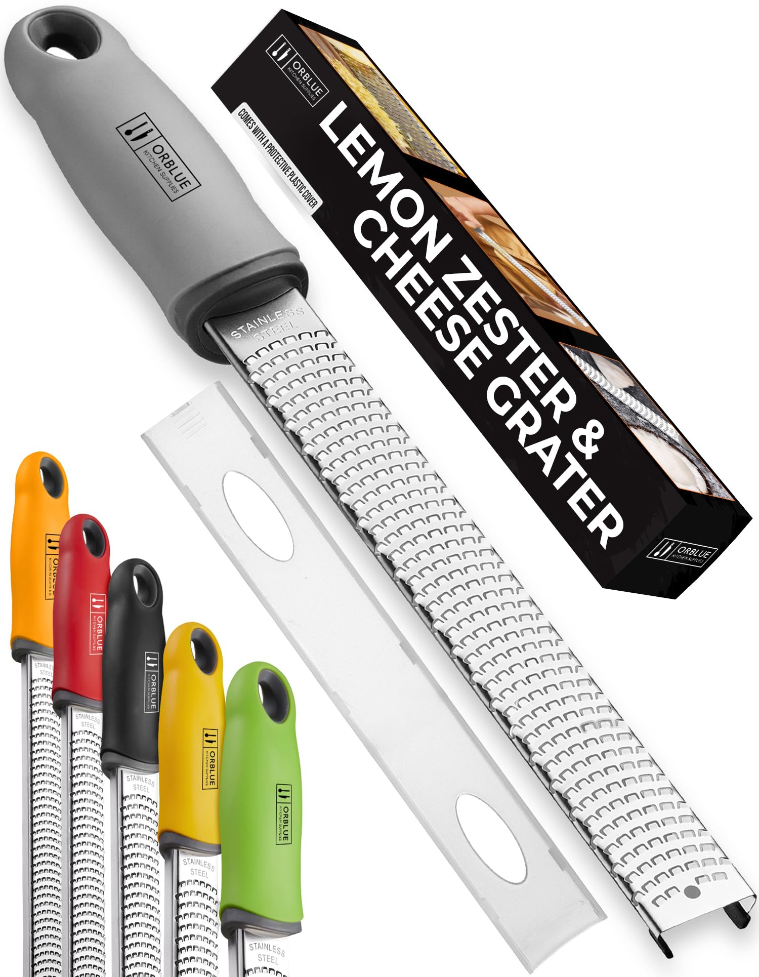 Lemon Zester & Cheese Grater - Premium Citrus Zester, Kitchen Grater for Parmesan, Chocolate, Fruits, Vegetables, Ginger, Garlic, Nutmeg - Stainless Steel Blades with Protective Cover, Gray