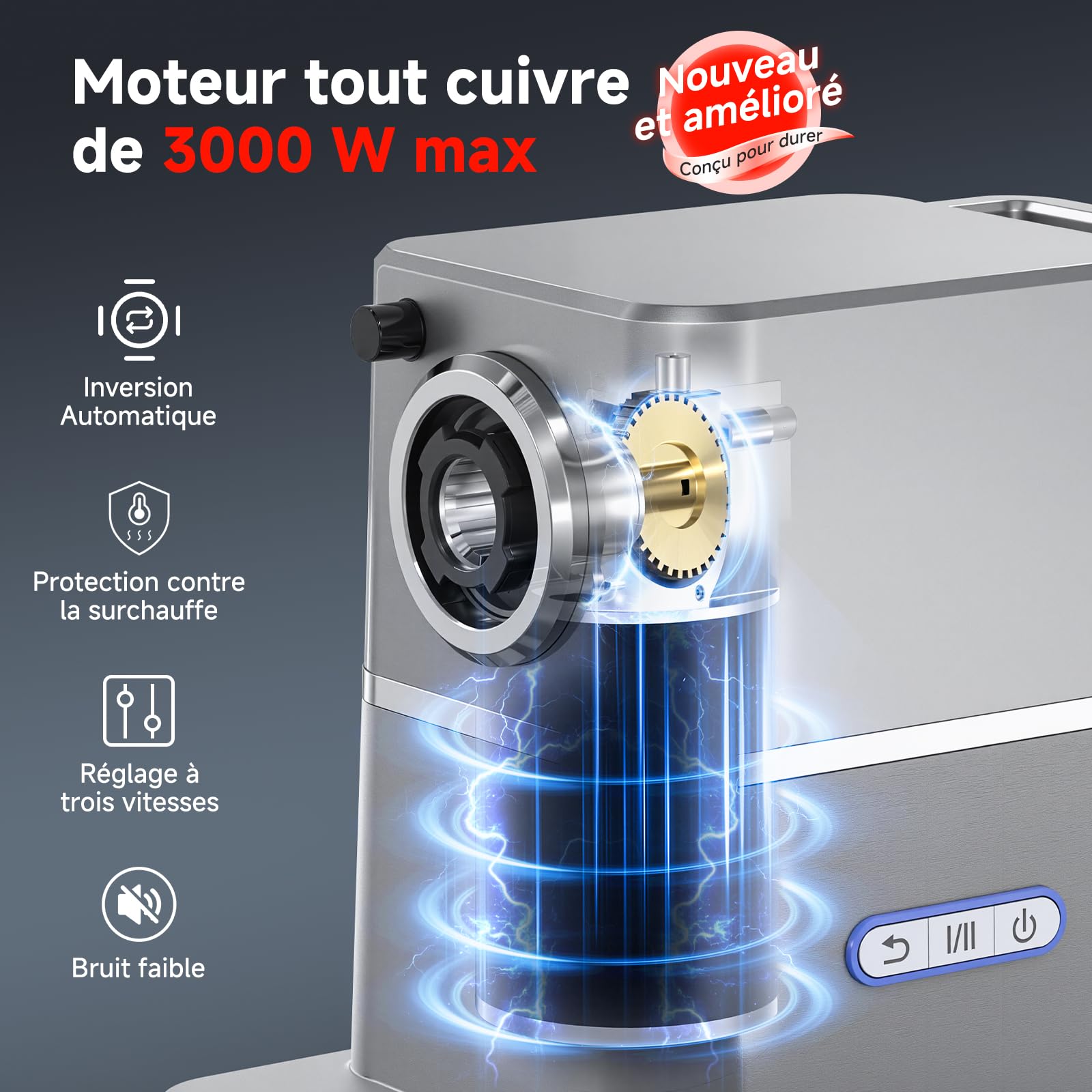 AAOBOSI Hachoir à Viande Électrique Silencieux, 3000 W Max Avec Moteur DC, Seulement 60 dB, Poussoir De Nourriture Rangement Intégré – Hachage, Fabrication De Saucisses & Kibbeh, Usage Domestique