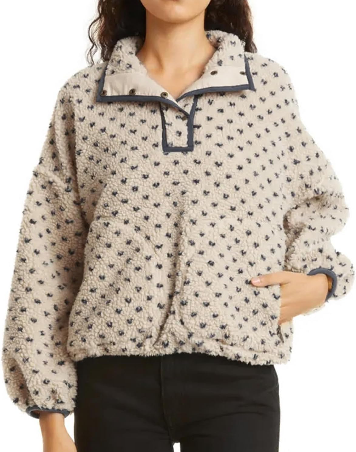 Womens Fleece Sweatshirt Half Zip Sherpa Pullover Jackets Warm Long Sleeve Vintage Hiking Coat with Pockets - Image 2