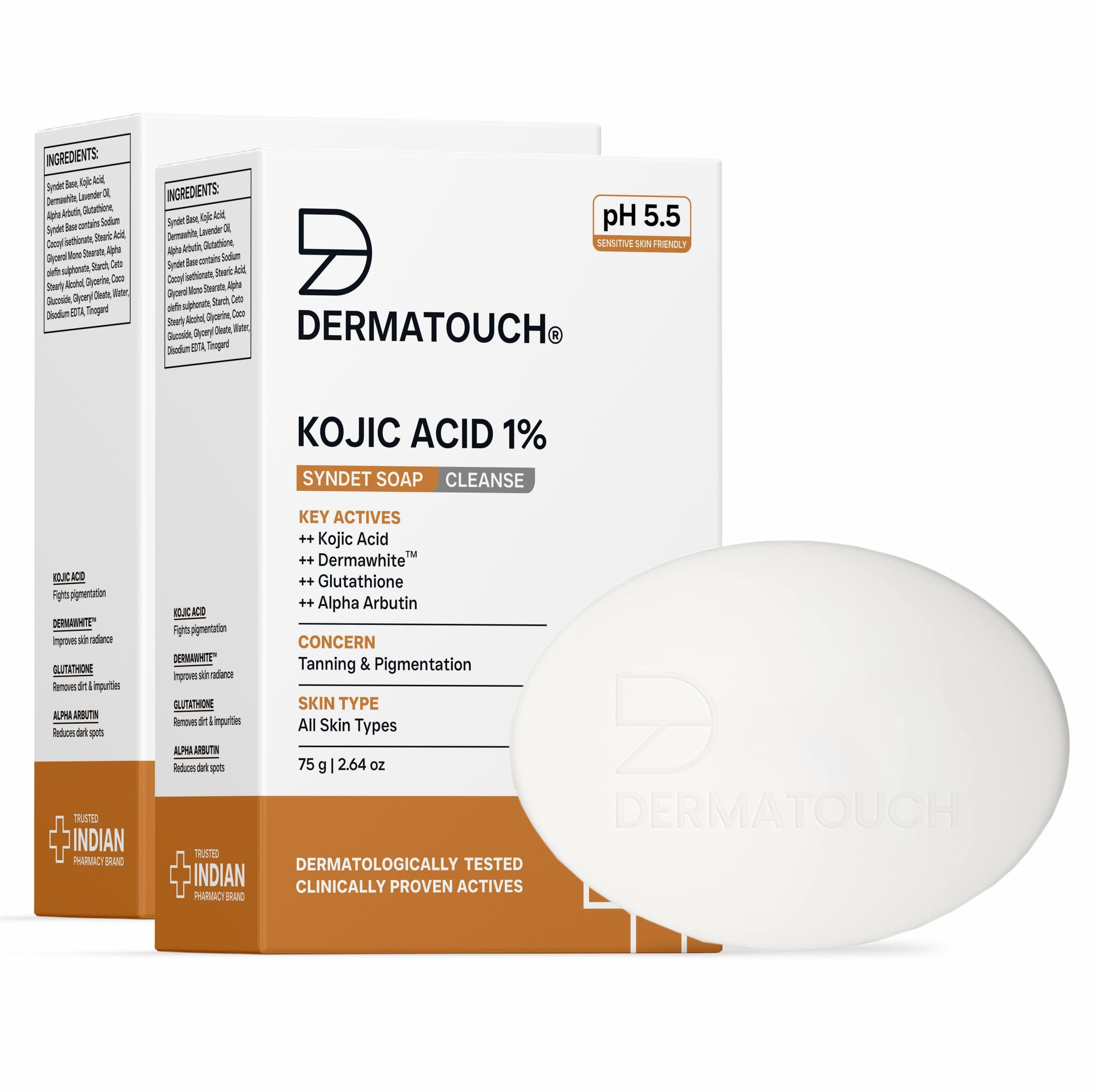 DERMATOUCH Kojic Acid 1% Soap with Glutathione | For Pigmentation & Sun damage | Soap for Men & Women | Suitable for All Skin Types | 75g x 2