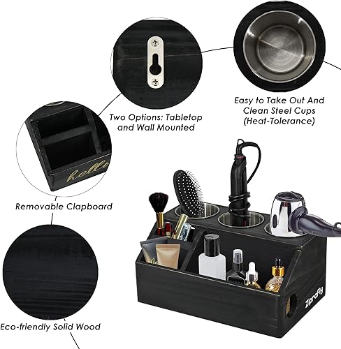 Miniatura 2 de Organizadores de herramientas de baño y almacenamiento con tazas de metal, soporte para secadora de pelo de madera, cajas decorativas de madera,