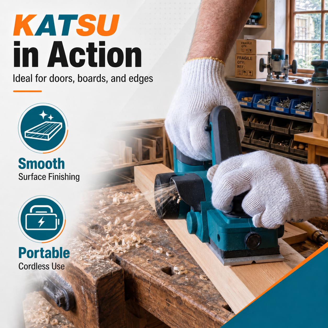 KATSU FIT-BAT 21V Pialla Elettrica a Batteria, 15000RPM Piallatrice, Larghezza di Piallatura da 82mm e Profondità da 2mm, Lame Extra Incluse, senza Batteria o Caricabatterie 102781