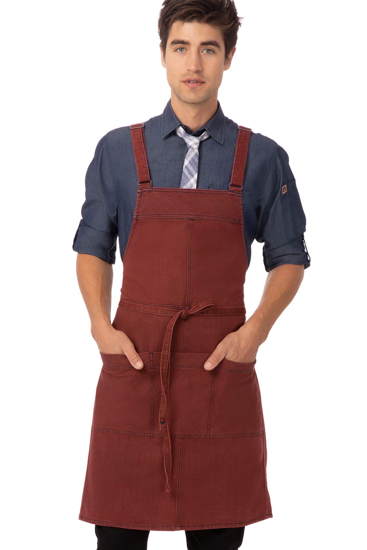 Chef Works Unisex Uptown Cross-Back Bib Apron, Red Navy, One Size