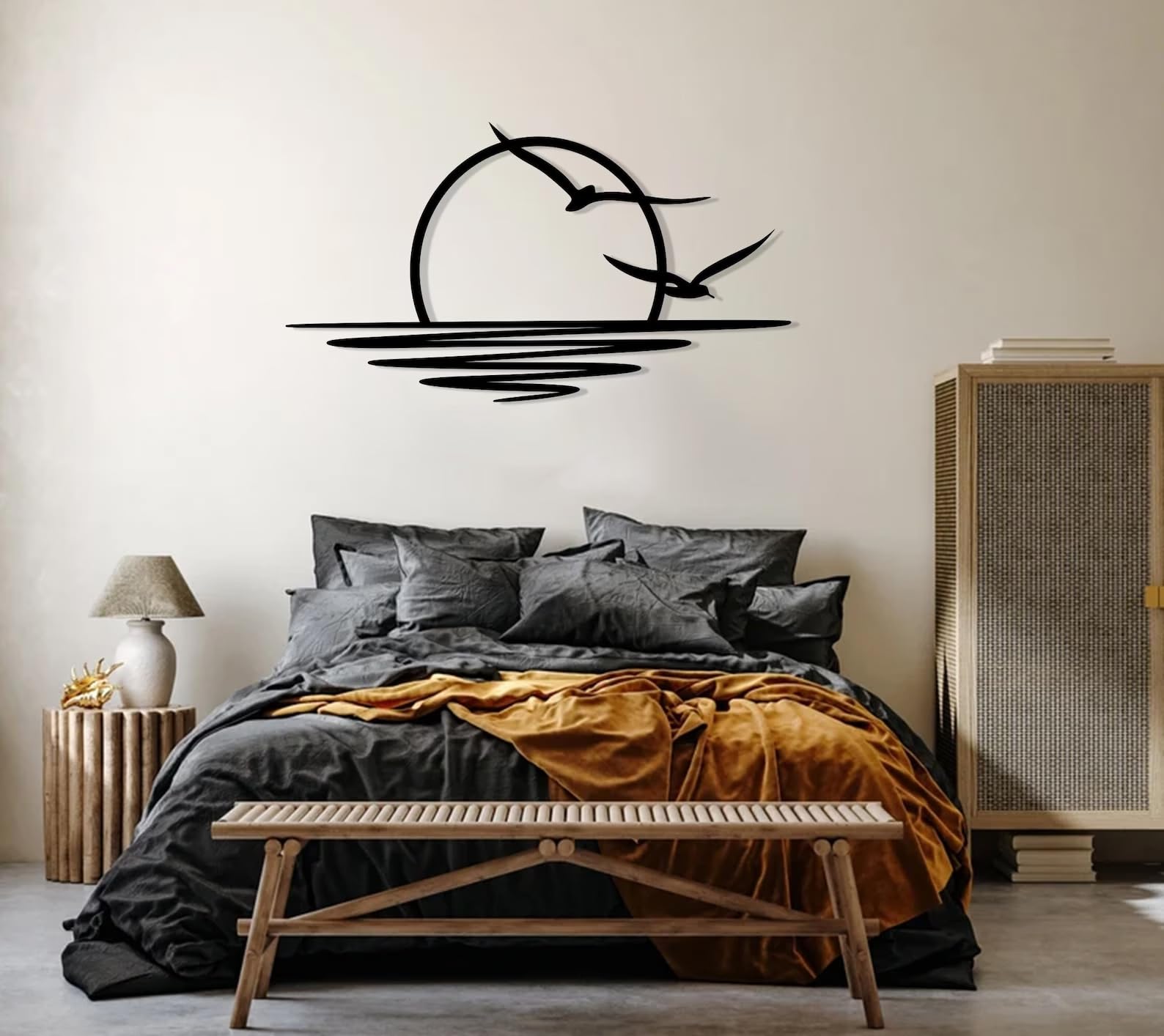 Tubibu Metall-Wandkunst Sonnen-Glitzer-Wanddekoration schwarze minimalistische Linienkunst Sonnenaufgang-Wandbehang (Small)