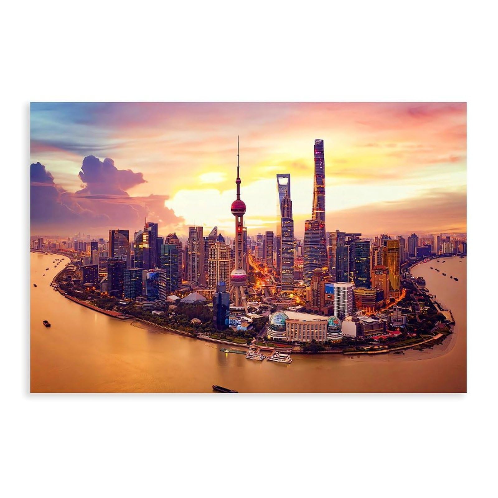 Qnvjqkdsi Unframe Shanghai China Sunset City Landscape Art Canvas Poster Bedroom Decor Landscape Office Room Decor Gift 20" L X 30" W