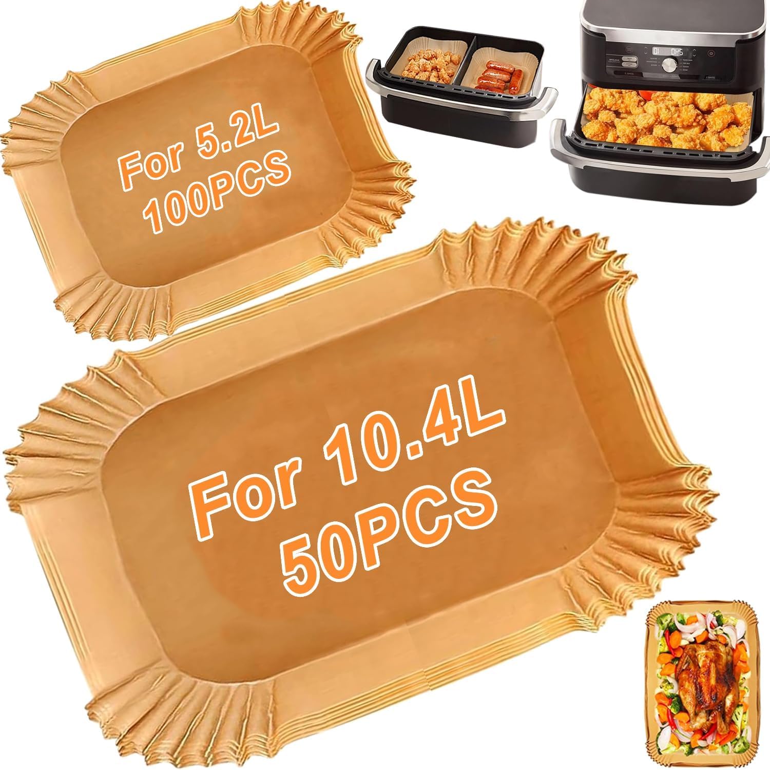 150 piezas de papel de horno para freidora de aire – Compatible con Ninja Flex Drawer AF500EU 10,4L, Cosori Dual Blaze Twinfry 10L & Cecotec 9000 – Incluye 100 unidades para 5,2 L y 50 para freidoras