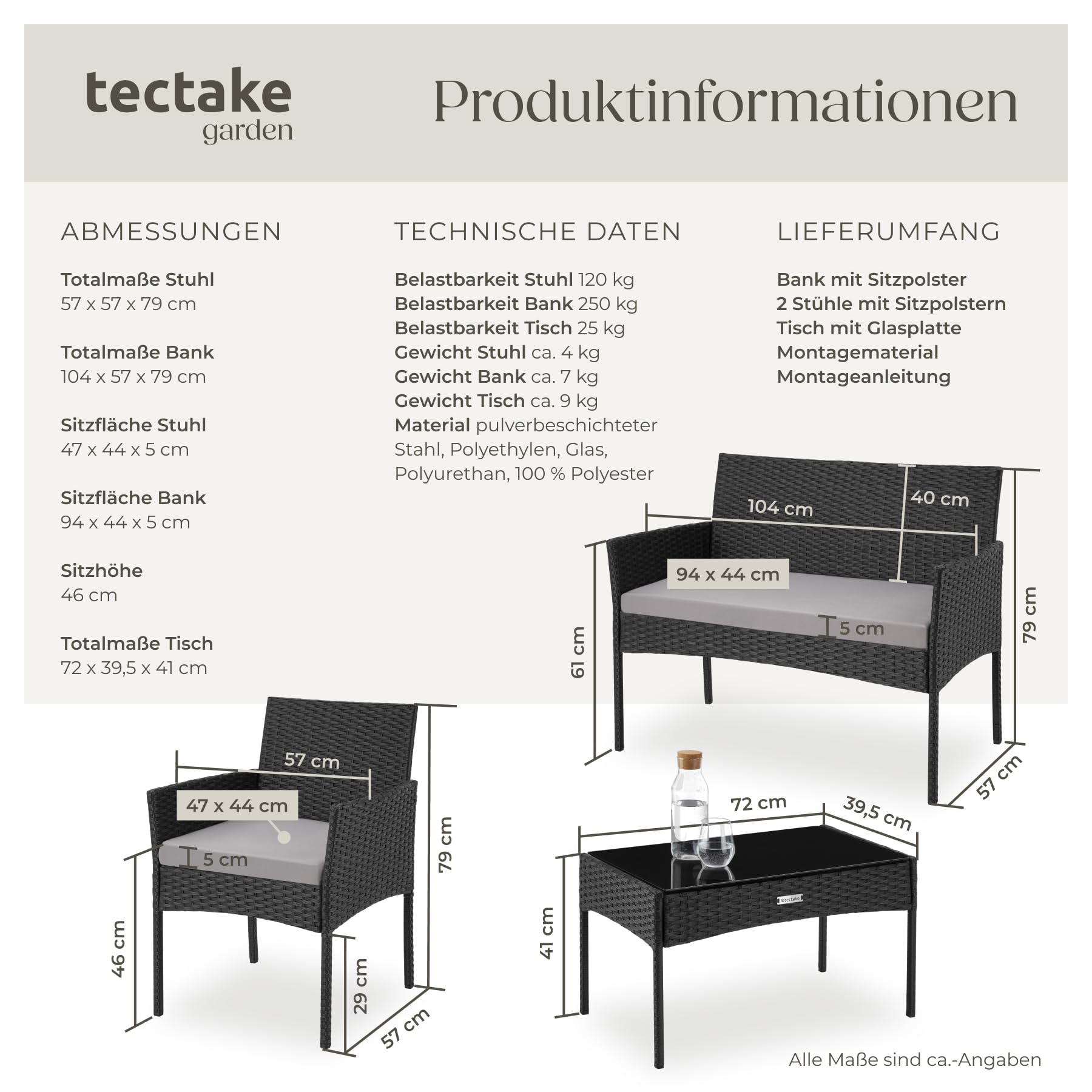 tectake® Rattan Gartenmöbel Set, Outdoor Lounge Möbel,1x Gartenbank, 2X Stuhl, 1x Balkontisch, mit Outdoor Kissen wetterfest, Balkonmöbel Kleiner Balkon, Lounge Gartenmöbel, Terrassenmöbel - schwarz