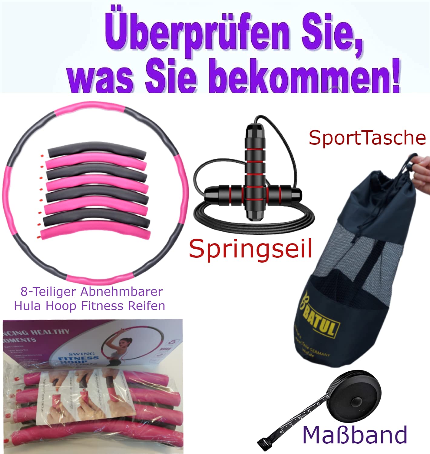 Hula Hoop Ring Reifen Erwachsene und Kinder 5-8 Sektionen Abnehmen & HIIT Training | Bauch Beine Po Training | Fitness Set 4-teilig inklusive Springseil, Maßband & Tasche zur Aufbewahrung