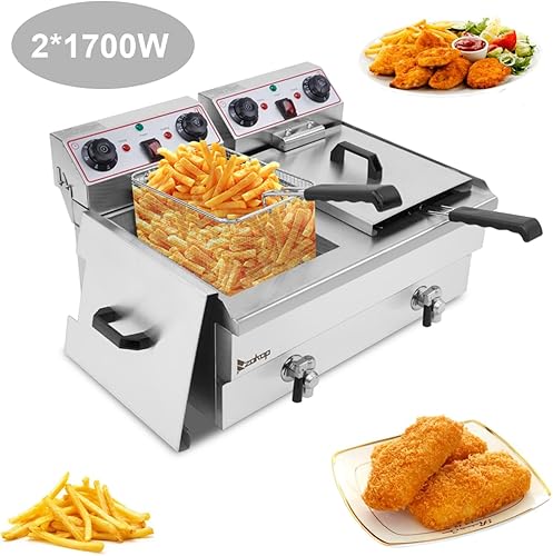 Miniatura 4 de Freidora eléctrica de acero inoxidable de doble cilindro, cuerpo plateado, cesta desmontable, temporizable, temperatura ajustable, trae dos cestas y