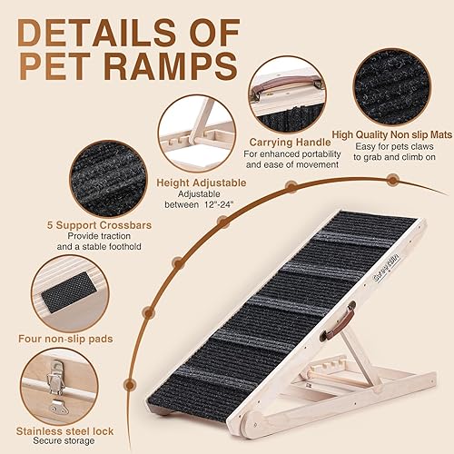 Miniatura 2 de Rampa para perros para cama, rampa plegable para perros pequeños a grandes para sofá, 6 alturas ajustables de 12 a 24 pulgadas, escaleras con