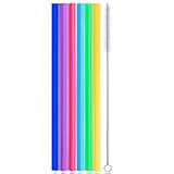 ALINK Reusable Silicone Smoothie Straws, 12” Extra Long Flexible Half Gallon Replacement Straws for Tall Travel Mug, 32 oz 40 oz YETI/RTIC Tumbler, Set of 6 with Brush