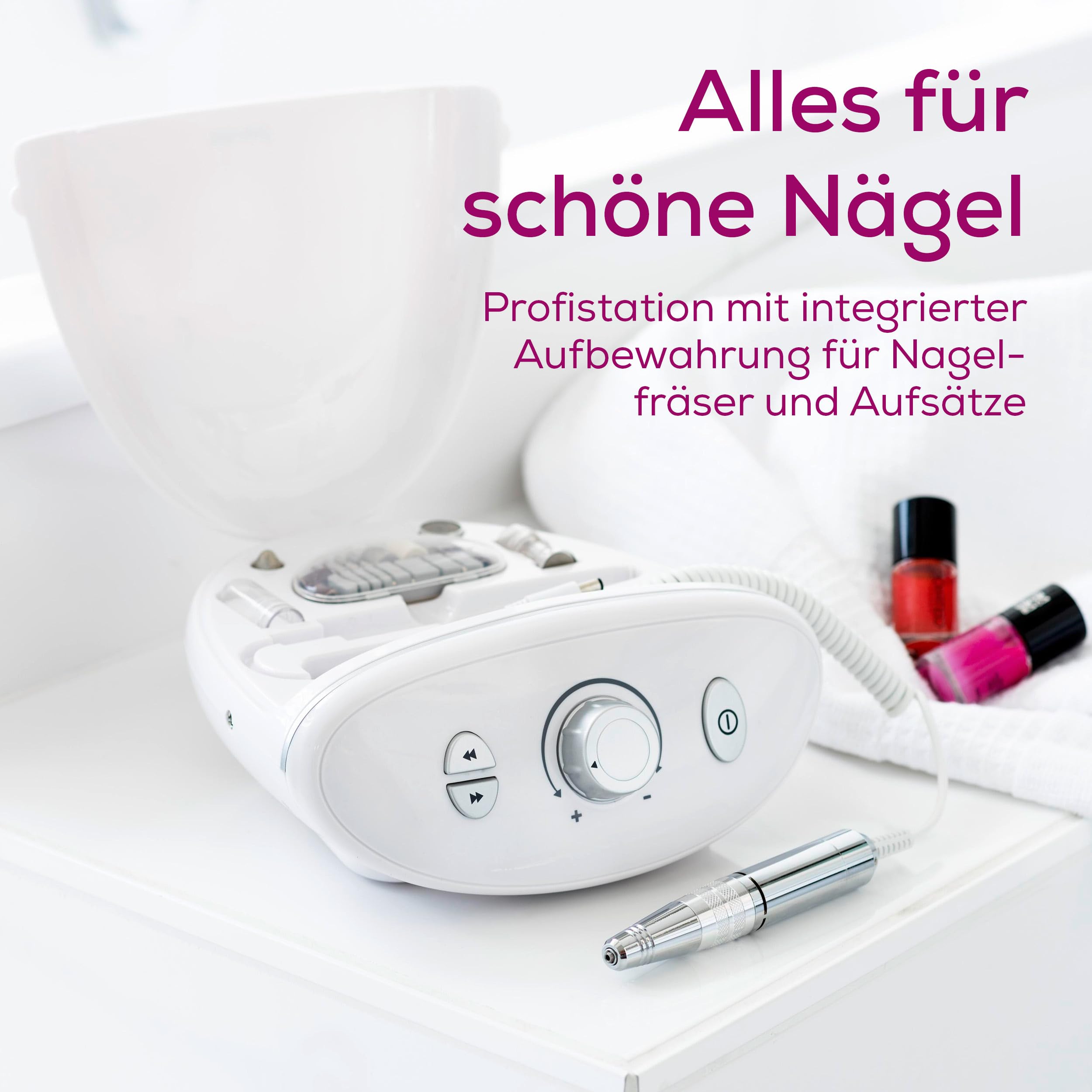 Beurer MP 100 elektrische Maniküre- und Pediküre-Profistation, 10 Aufsätze aus Saphir und Filz, Nagelstaub-Schutzkappe, bis 20.000 Umdrehungen pro Minute, 41-teiliges Set