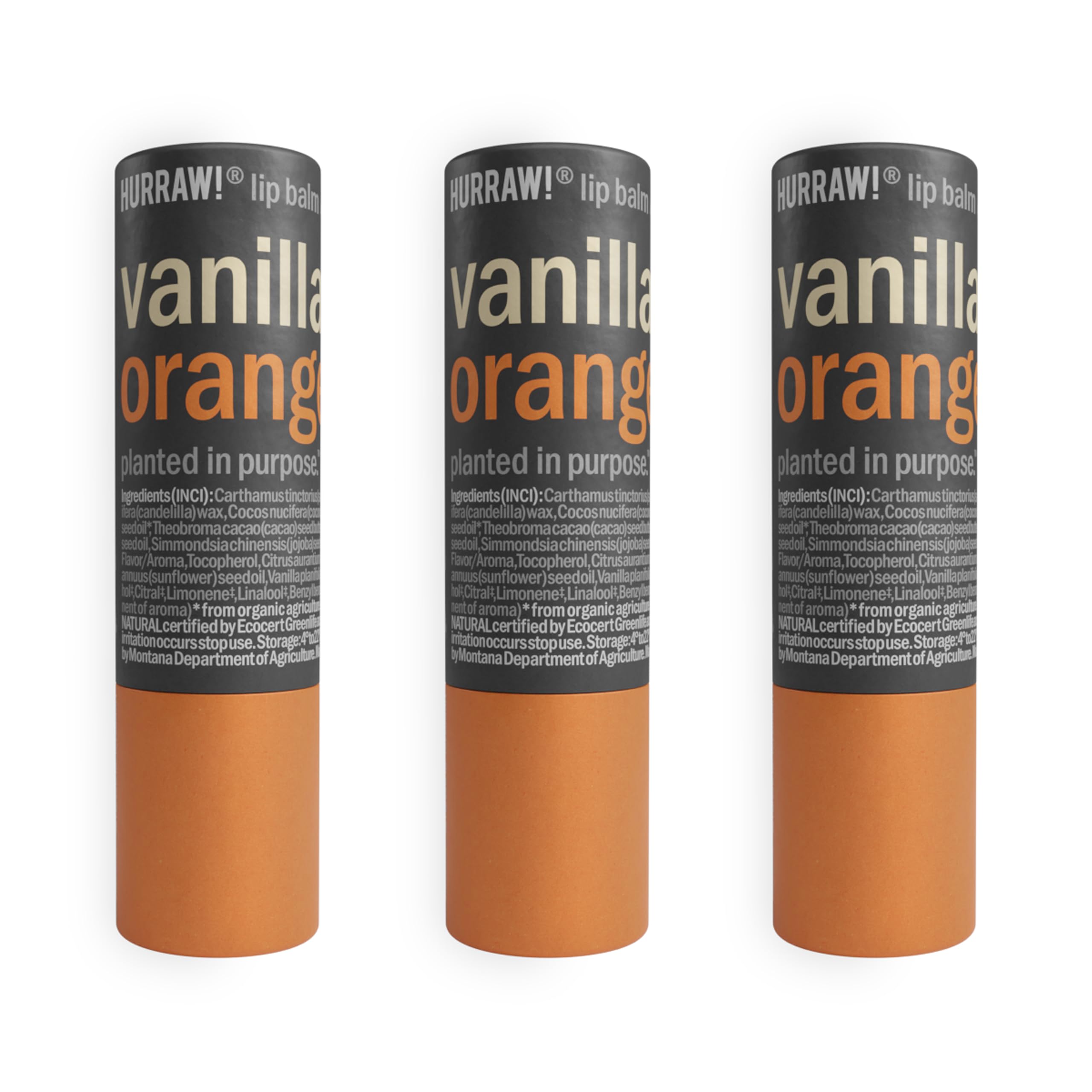 HURRAW!Vanilla & Orange Lip Balm, 3 Pack: Plastic-Free with new cardboard push-up tube. Certified Organic, All Natural Origin, Vegan & Cruelty Free. Gluten, Bee, Shea, Soy & Palm Free. Made in USA