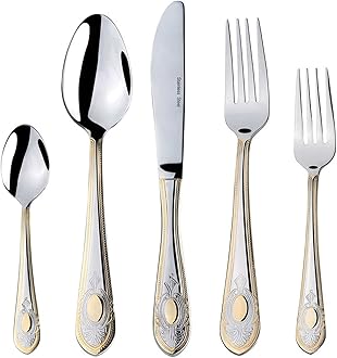 Venezia Collection "Medallion" 20-pc Flatware Set Service for 4, Premium 18/10 Stainless Steel, 24K Gold Trim