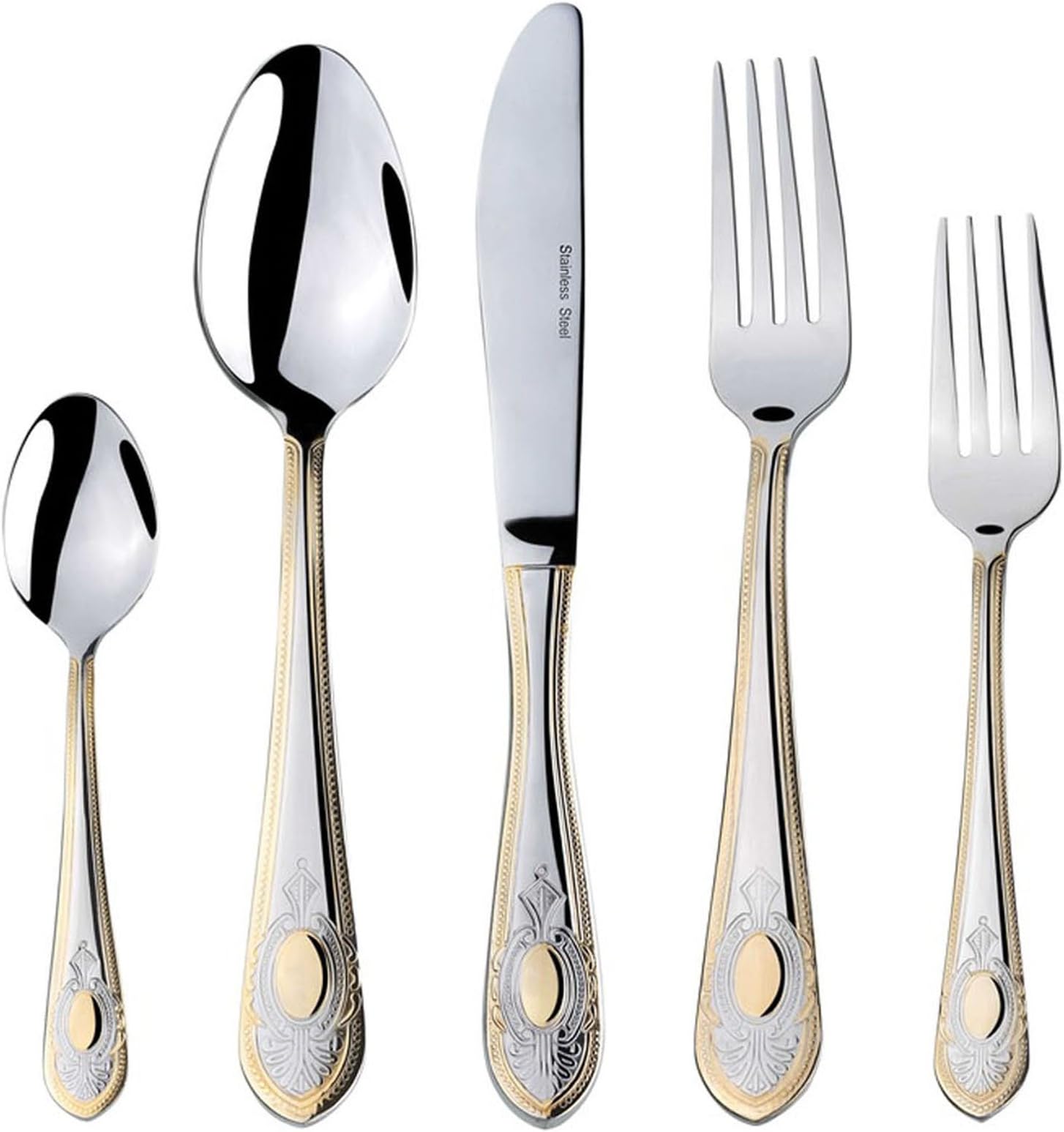 Venezia Collection "Medallion" 20-pc Flatware Set Service for 4, Premium 18/10 Stainless Steel, 24K Gold Trim