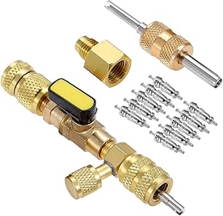 R410A R22 Valve Core Remover Installer Tool with Dual Size SAE 1/4 & 5/16 Port for R404A R407C R134A R12 R32 HVAC System, with 10PCS 5v1 Valve Cores and Double Head Valve Core Remover