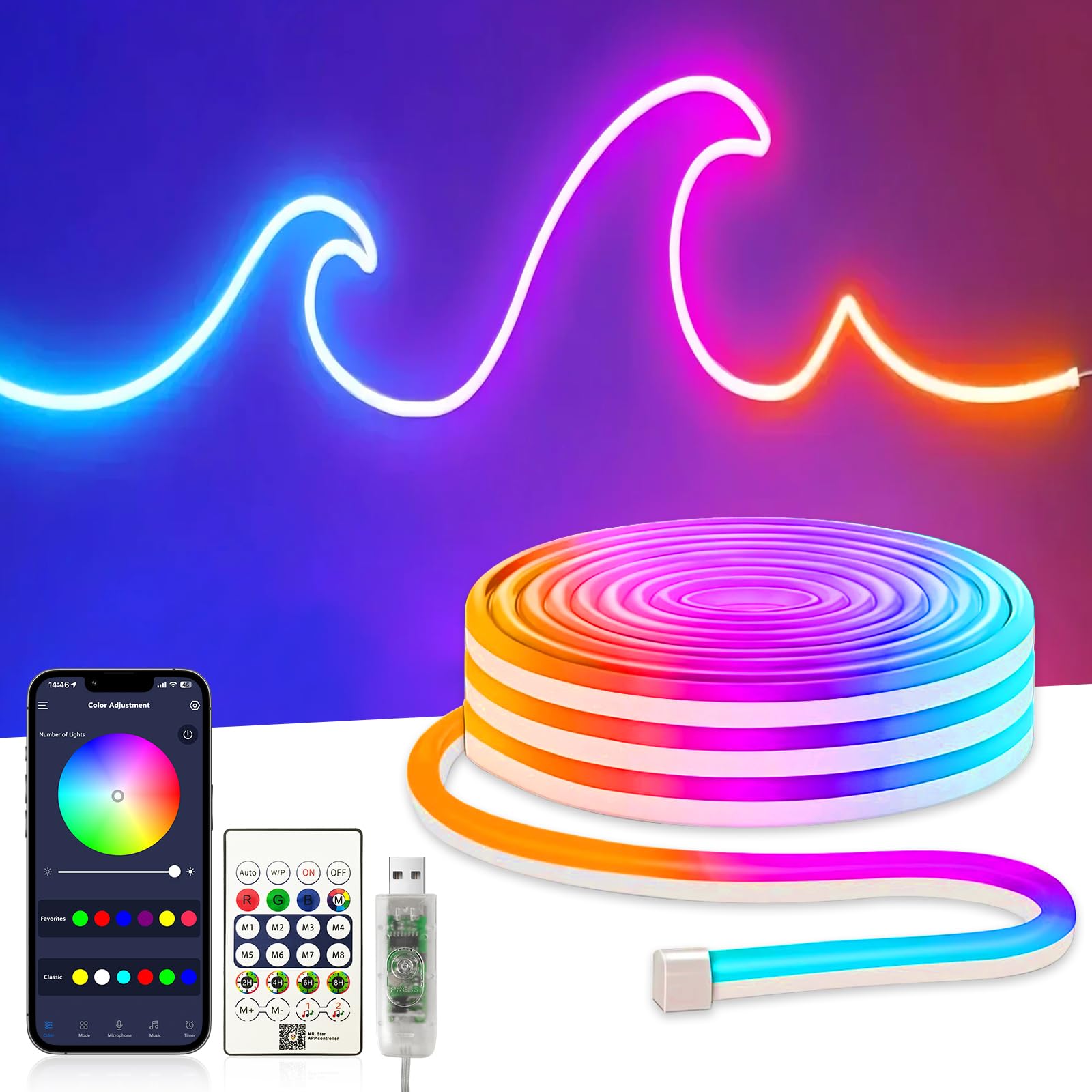 ezmyma 2M LED Neon Strip, Flexible Neon LED Rope Lights, RGB IC Gaming Strip Light, Music Sync, DIY LED Lights for Bedroom, Kitchen, Party, Living Room, Enfant — image 1
