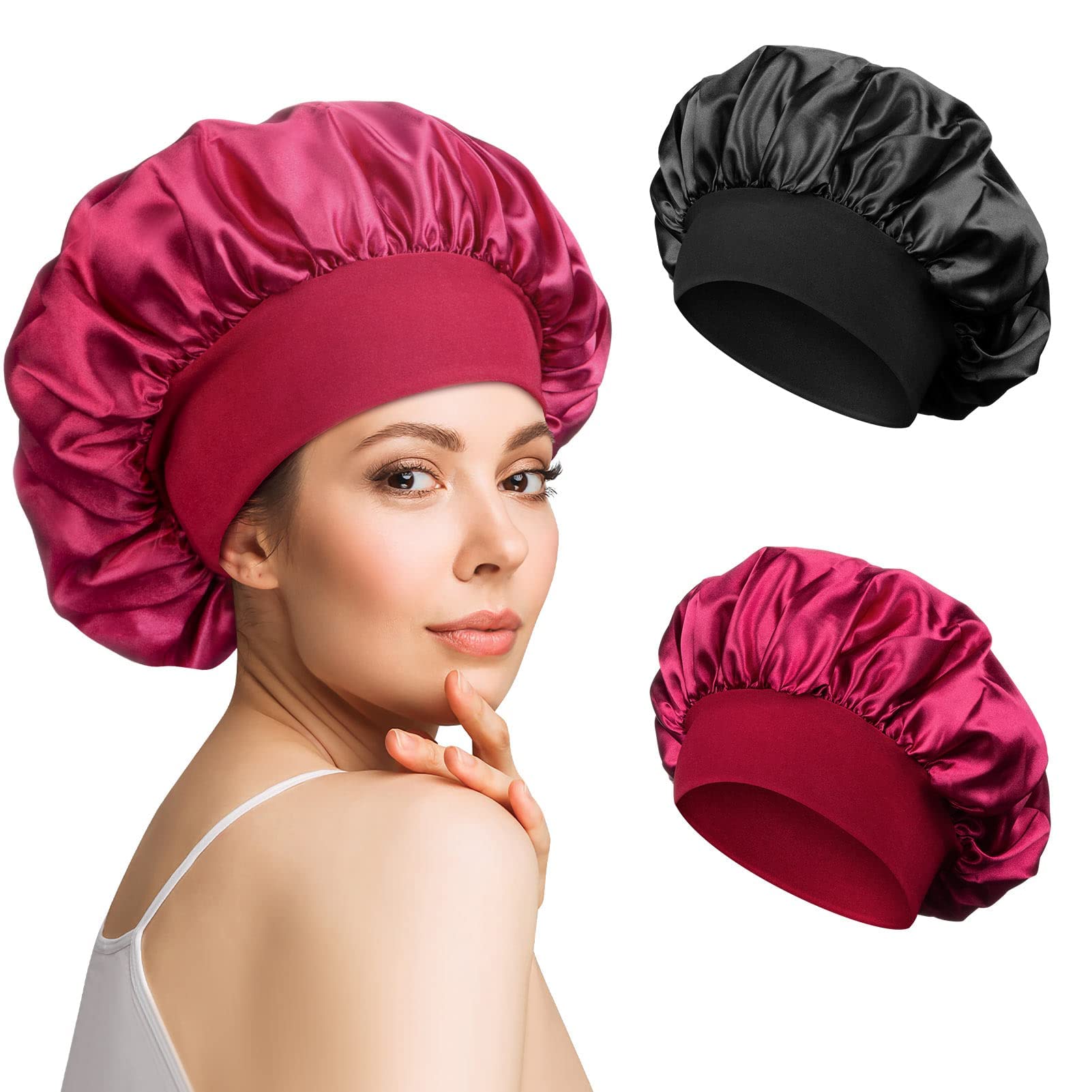 NAWOKEENY 2pcs Satin Sleep Cap, Night Sleep Caps with Wide Elastic Band for Women, Breathable Sleeping Hair Bonnet Cap, Soft Sleeping Head Cover Sleeping Hat for Women and Girls Curly Hair