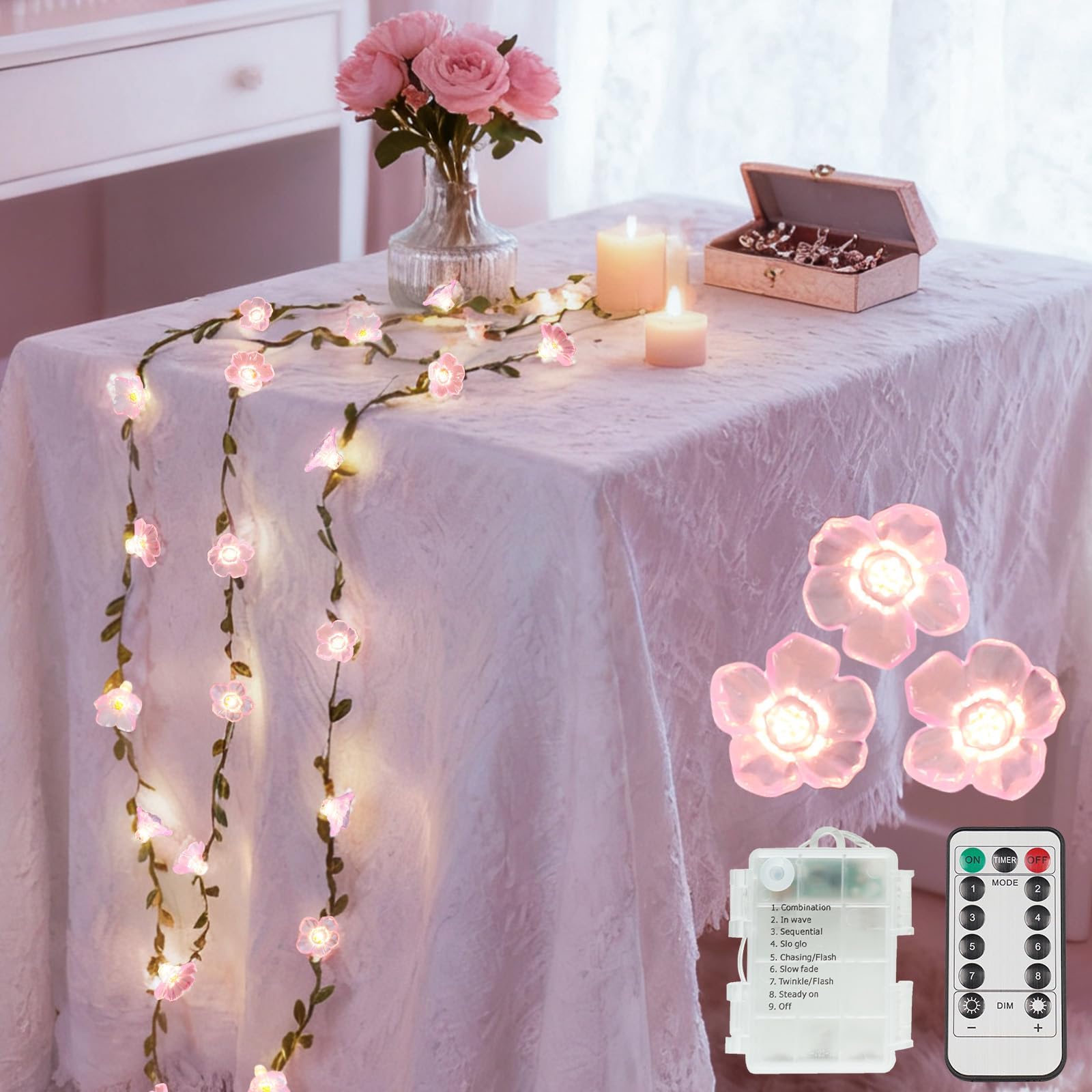 suddus Cherry Blossom Vine Lights Battery Powered,40 LED12.8 ft Flower String Lights with Leaves Remote Control,Decorative Pink Fairy Light for Bedroom, Holiday, Partry, Indoor