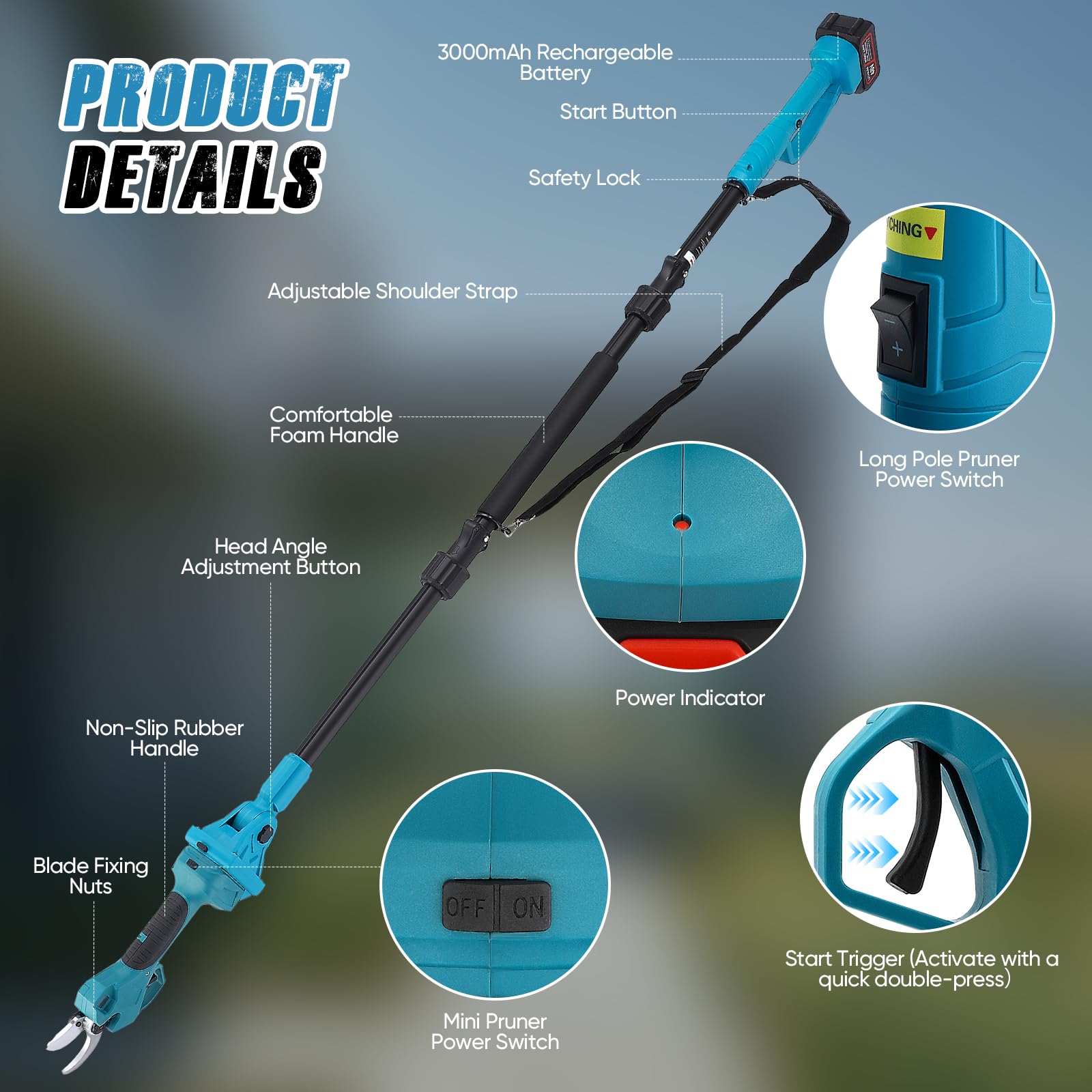 Tijeras de podar eléctricas con pértiga telescópica de 2,3 m | Pantalla LCD | Batería de 21 V (2 x 3,0 Ah) | Diámetro de corte de 40 mm | Compatible con Makita (2IN1)