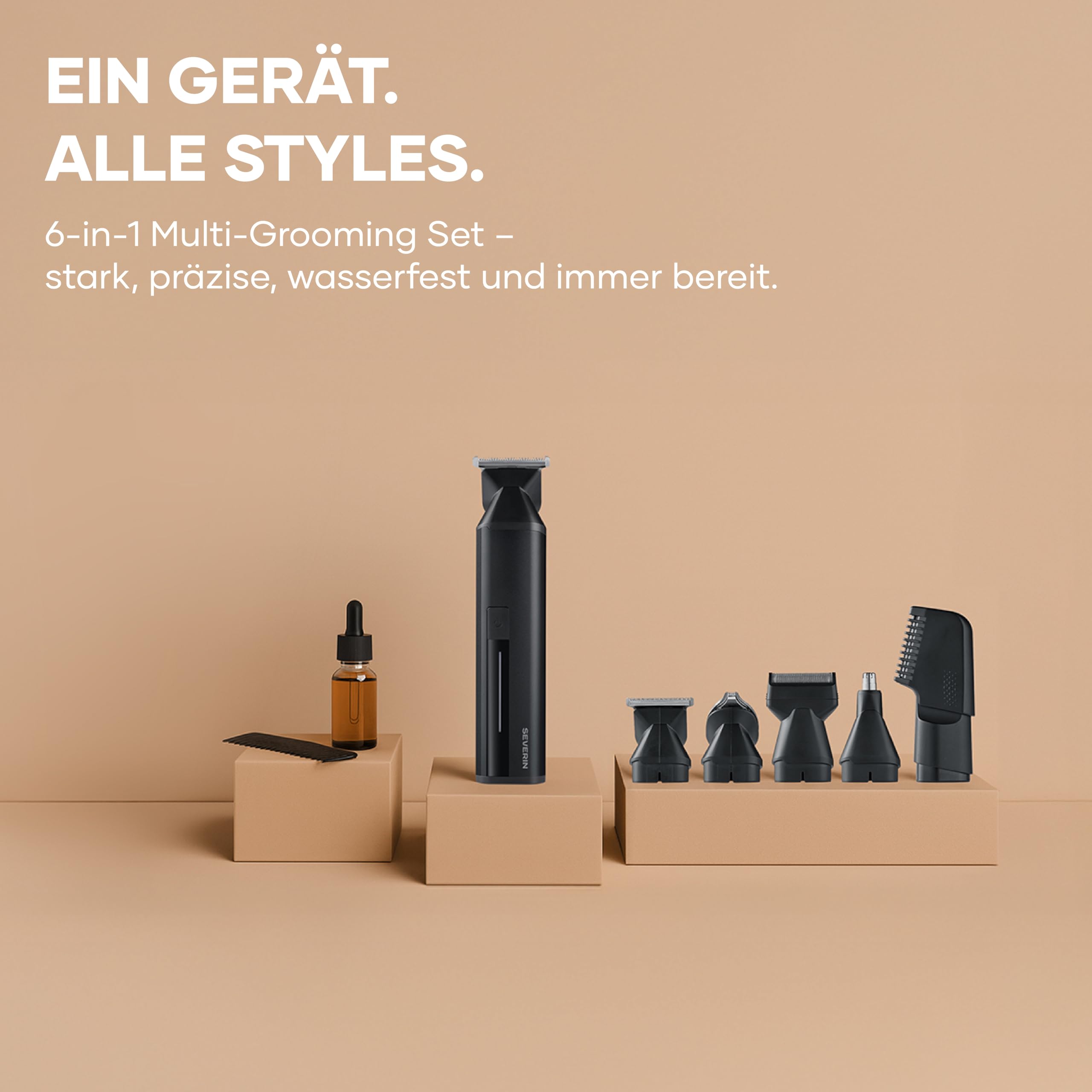 Severin Multi Grooming Set, Haarschneidemaschine, Barttrimmer, Körpertrimmer, Nasenhaartrimmer, Herren, wasserdicht, kabellos, 90 Min. Akku, 6 in 1, 3/6/9/12 Schnittlängen, schwarz, HS 0710
