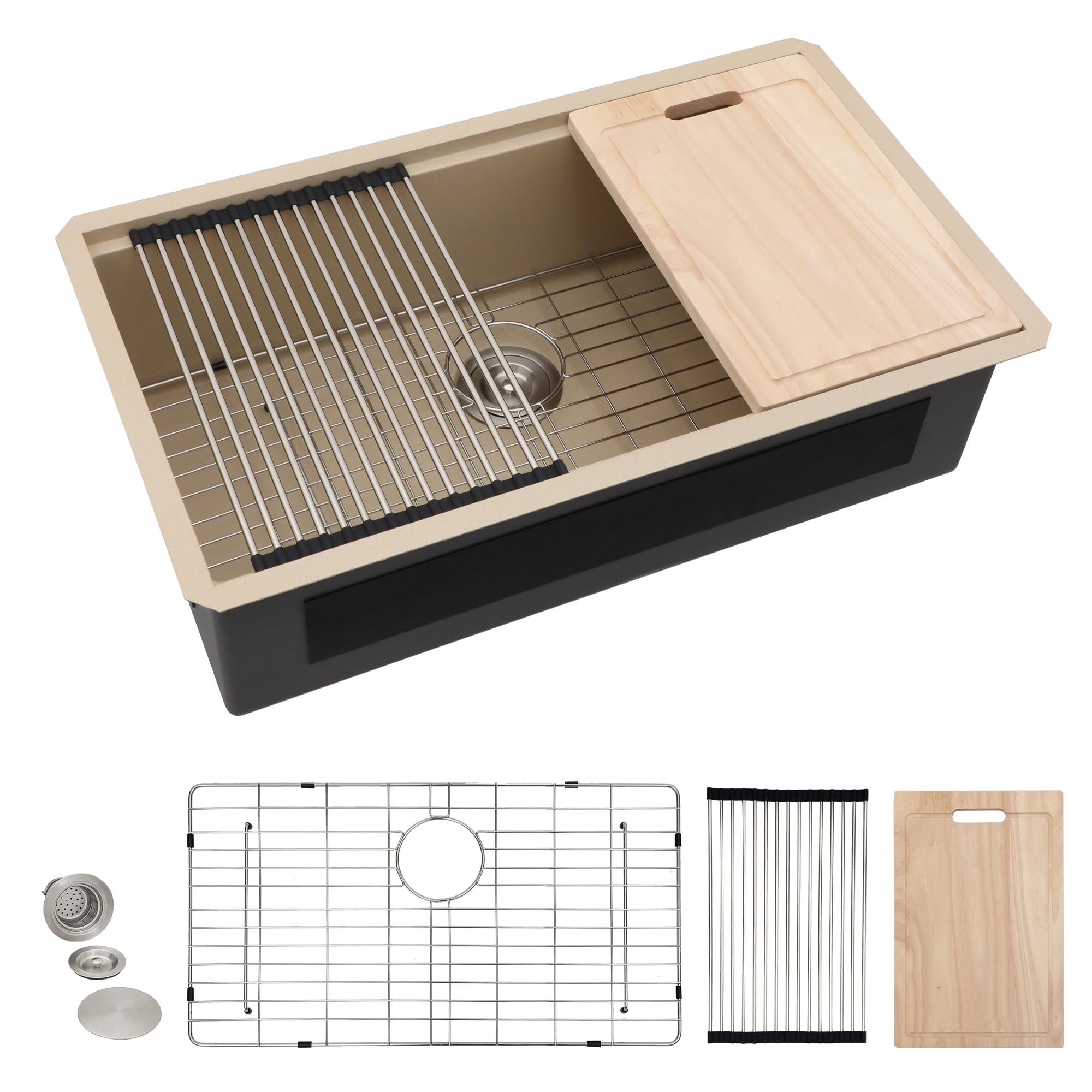 33 Undermount Kitchen Sink - Fulorni 33"x19" Kitchen Sink Ledge Workstation Marble Coating Finish 16 Gauge Stainless Steel Under Counter Single Bowl Sink Basin