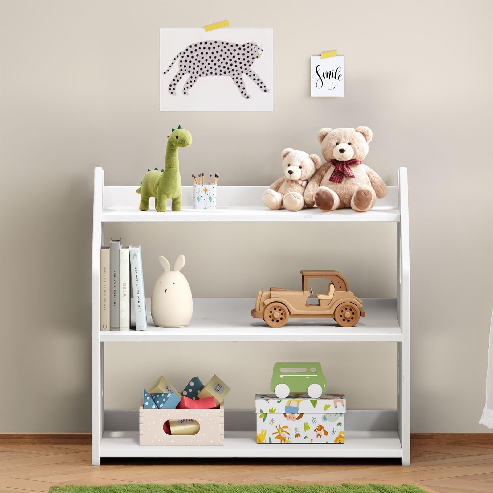 IDIMEX Kinderregal Yasmin 3 Ablagen weiß - Montessori Regal für Spielzeug und Bücher, Kinderzimmer Aufbewahrung aus Kiefer Massivholz, Regalaufbewahrung