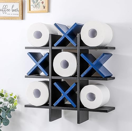 Miniatura 9 de Weysat Soporte de Papel Higiénico Tic Tac Toe Decoración de Pared de Baño Almacenamiento Colgante de Madera Rústica Estantes Independientes Montados