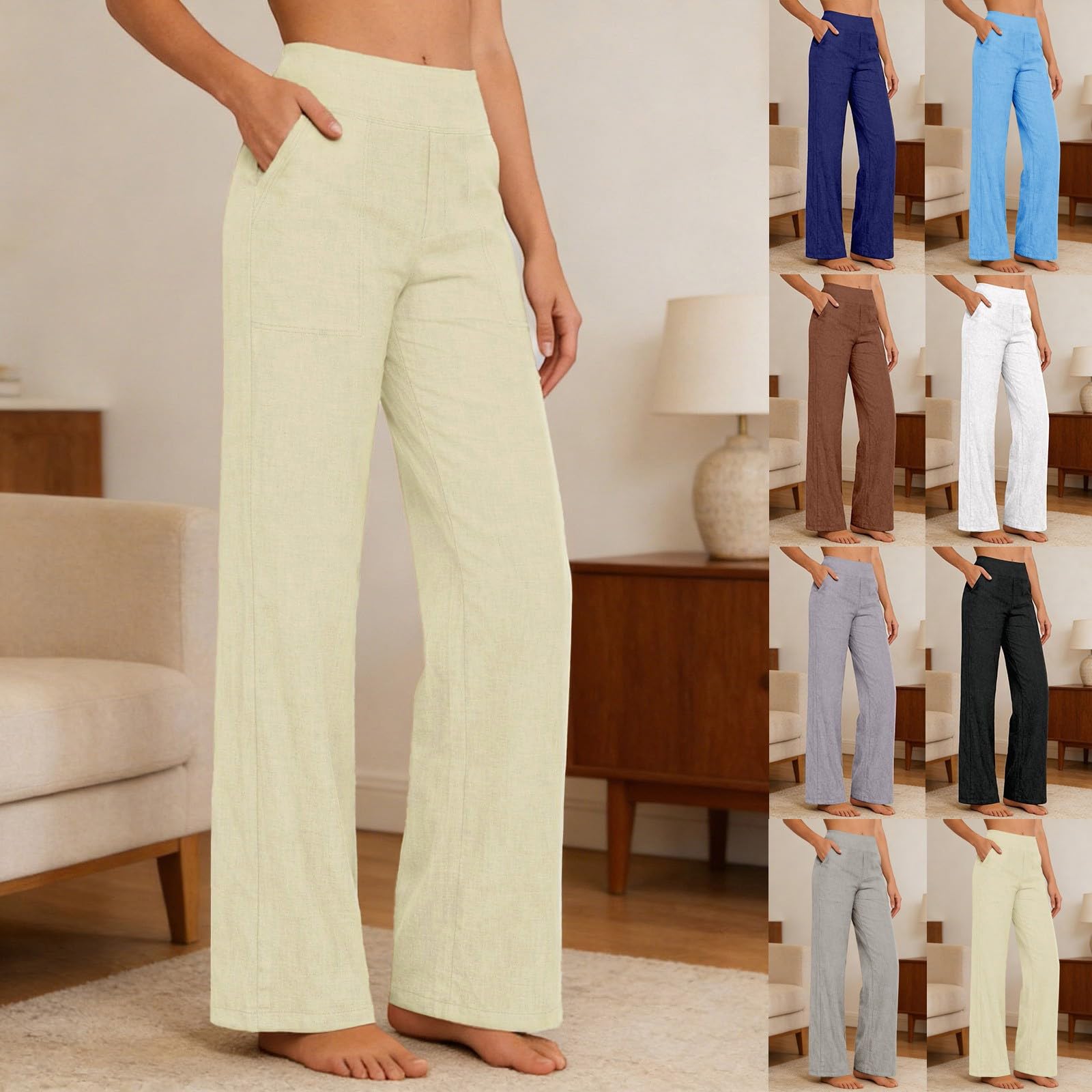Pantalones de lino para mujer, pantalones de verano altos, ligeros, pantalones de verano, elegantes, para vacaciones, playa, pierna ancha, pantalones de algodón y lino, pantalones sueltos de