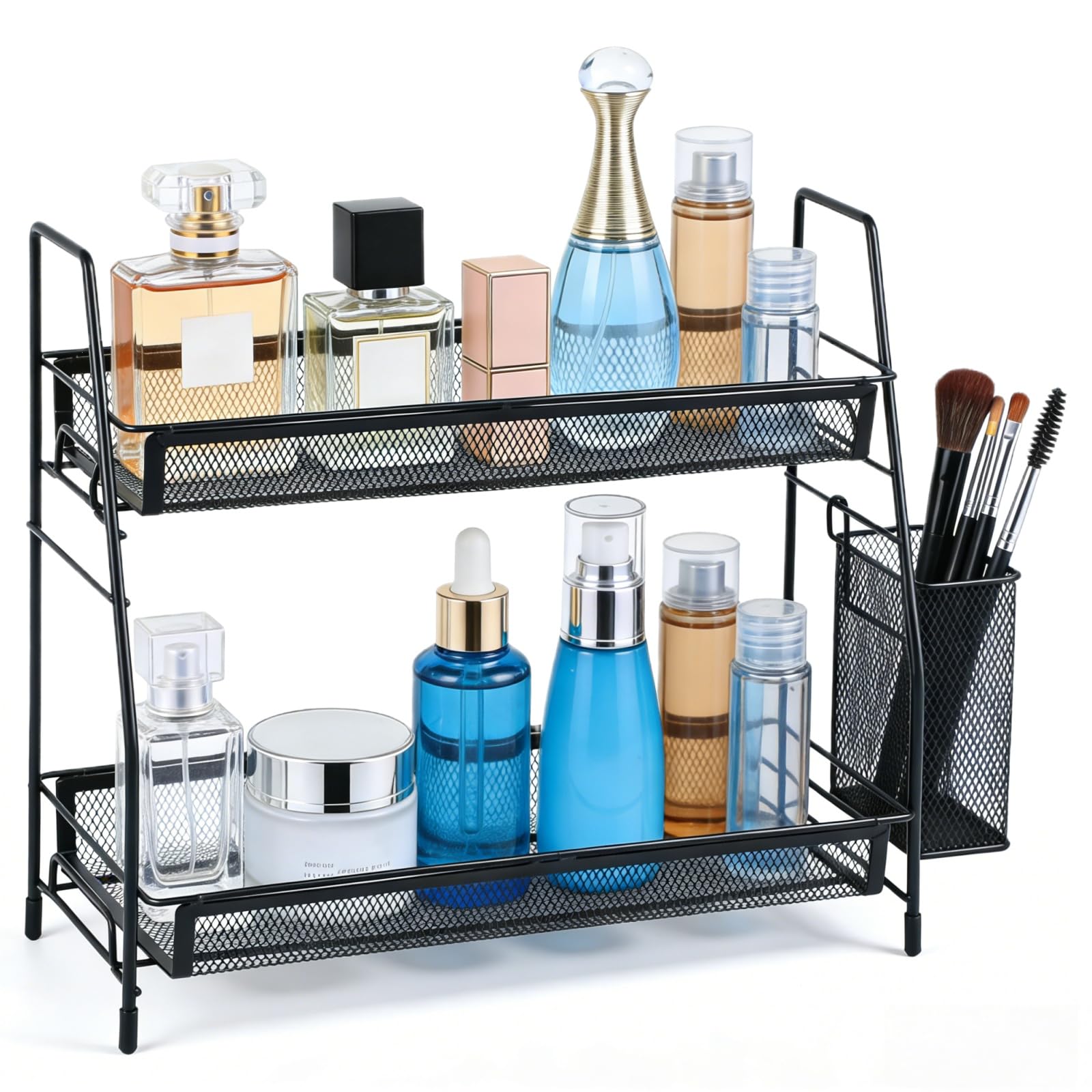 Siocok 2 Tier Bathroom organiser, Spice Racks Organiser, Cupboard Shelf Organiser with 1 Storage Basket, Metal Spice Racks, for Home Kitchen Bathroom Office Countertop, Cosmetic Storage Rack (Black)